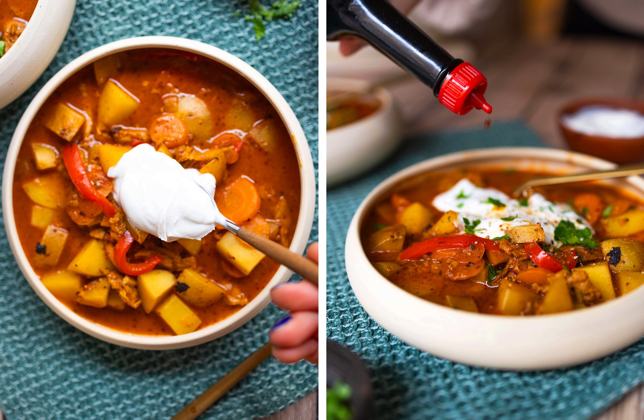 links: Löffel verteilt Creme Fraiche auf der Suppe
rechts: Naturata Flüssigwürze wird auf Suppe geträufelt.