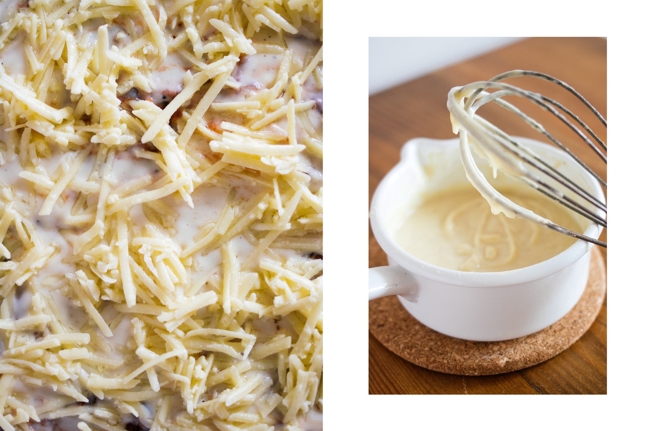 vegan lasagne covered with white béchamel sauce and vegan cheese