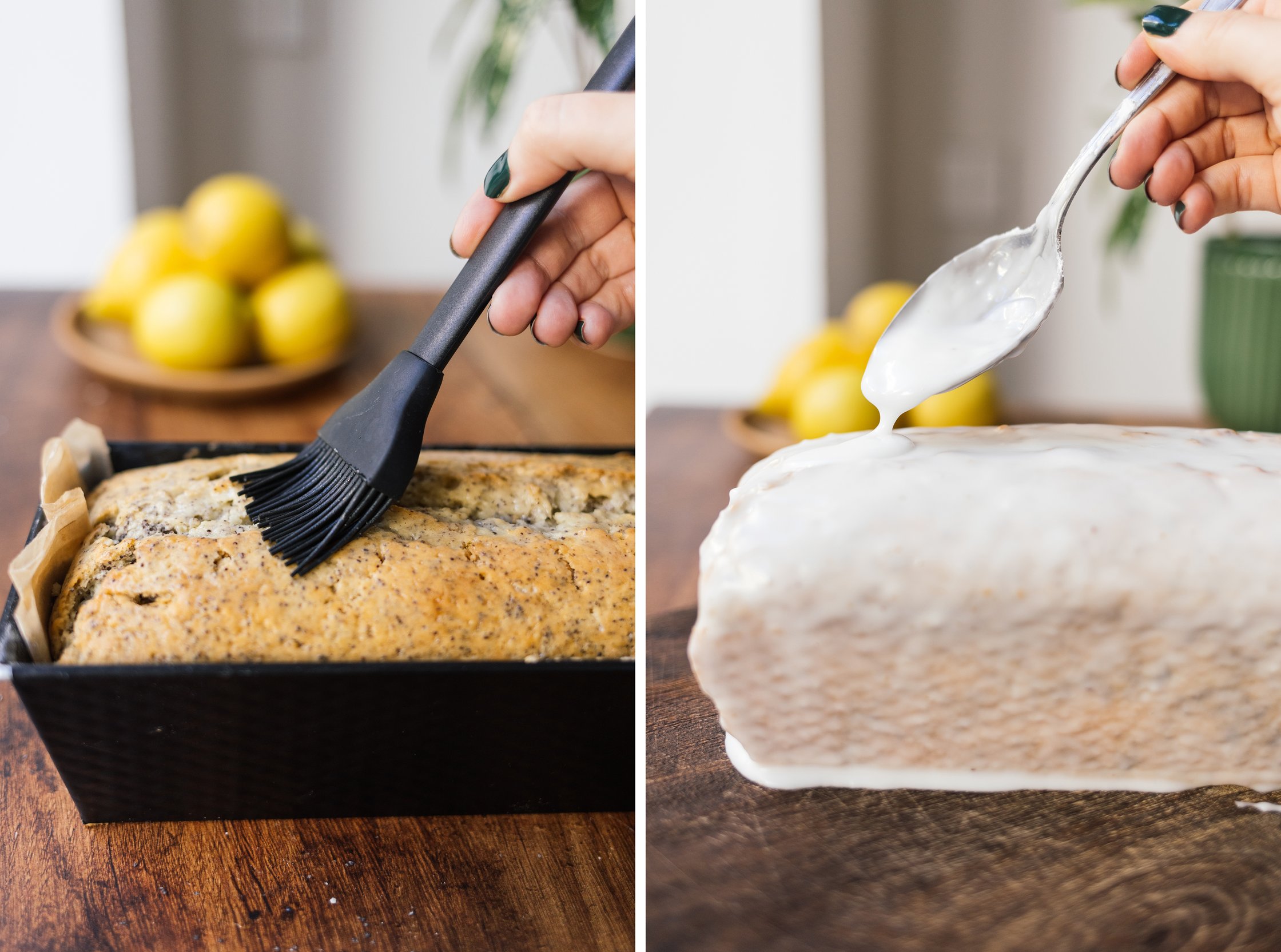 brushing a Vegan Lemon Poppy Seed Cake with lemon juice and adding a glaze on top