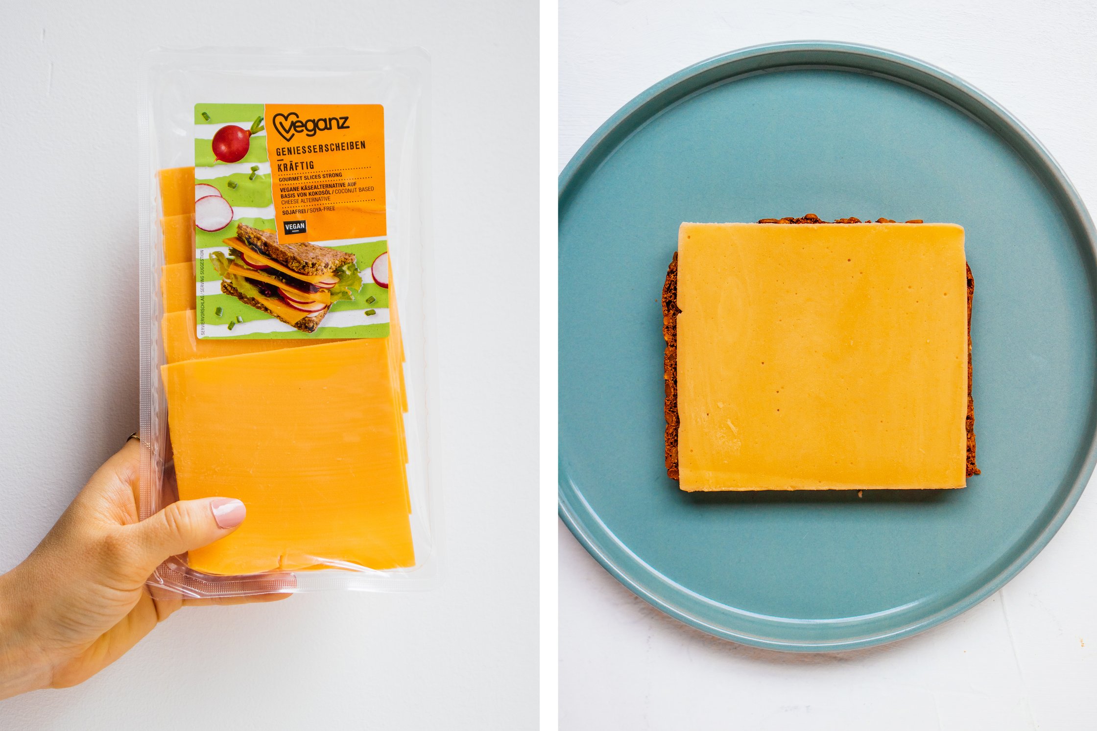 Veganer Veganz Käse mit Gurke und Brot