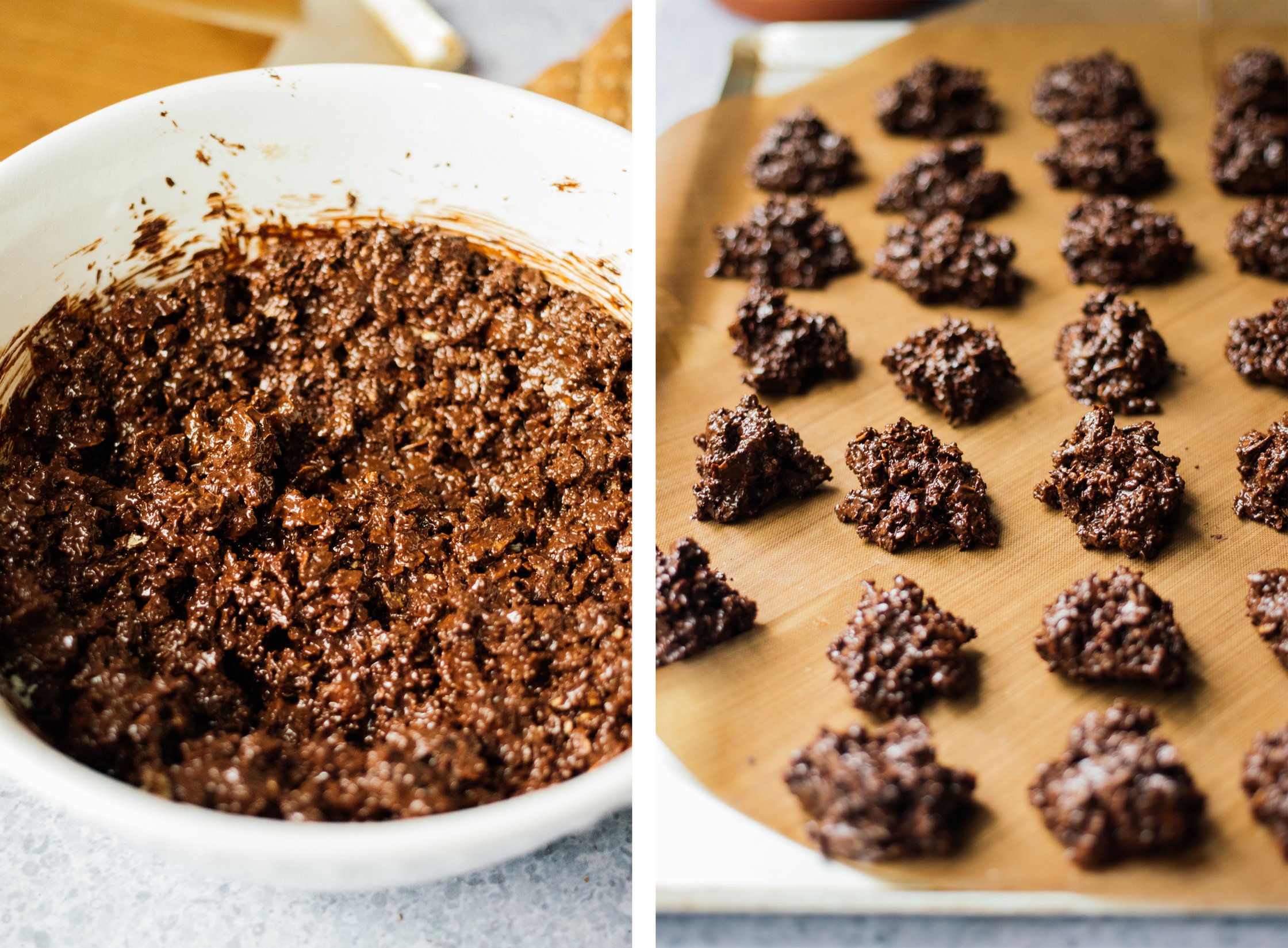 forming mixture for vegan crispy chocolate bits into small dollops