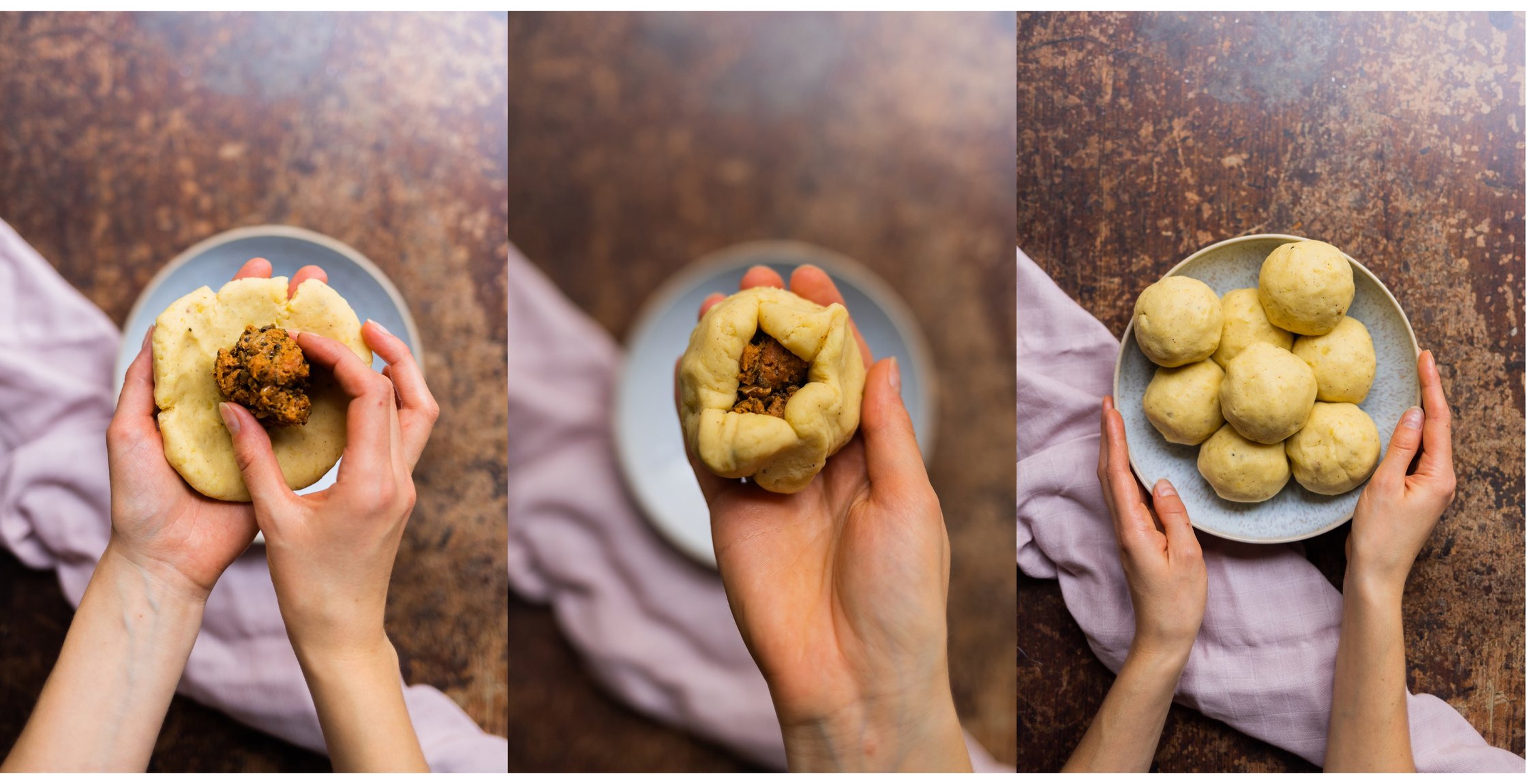 Kartoffelknödel wird mit veganer Hack-Pilz-Füllung gefüllt, 8 gefüllte Knödel auf einem Teller