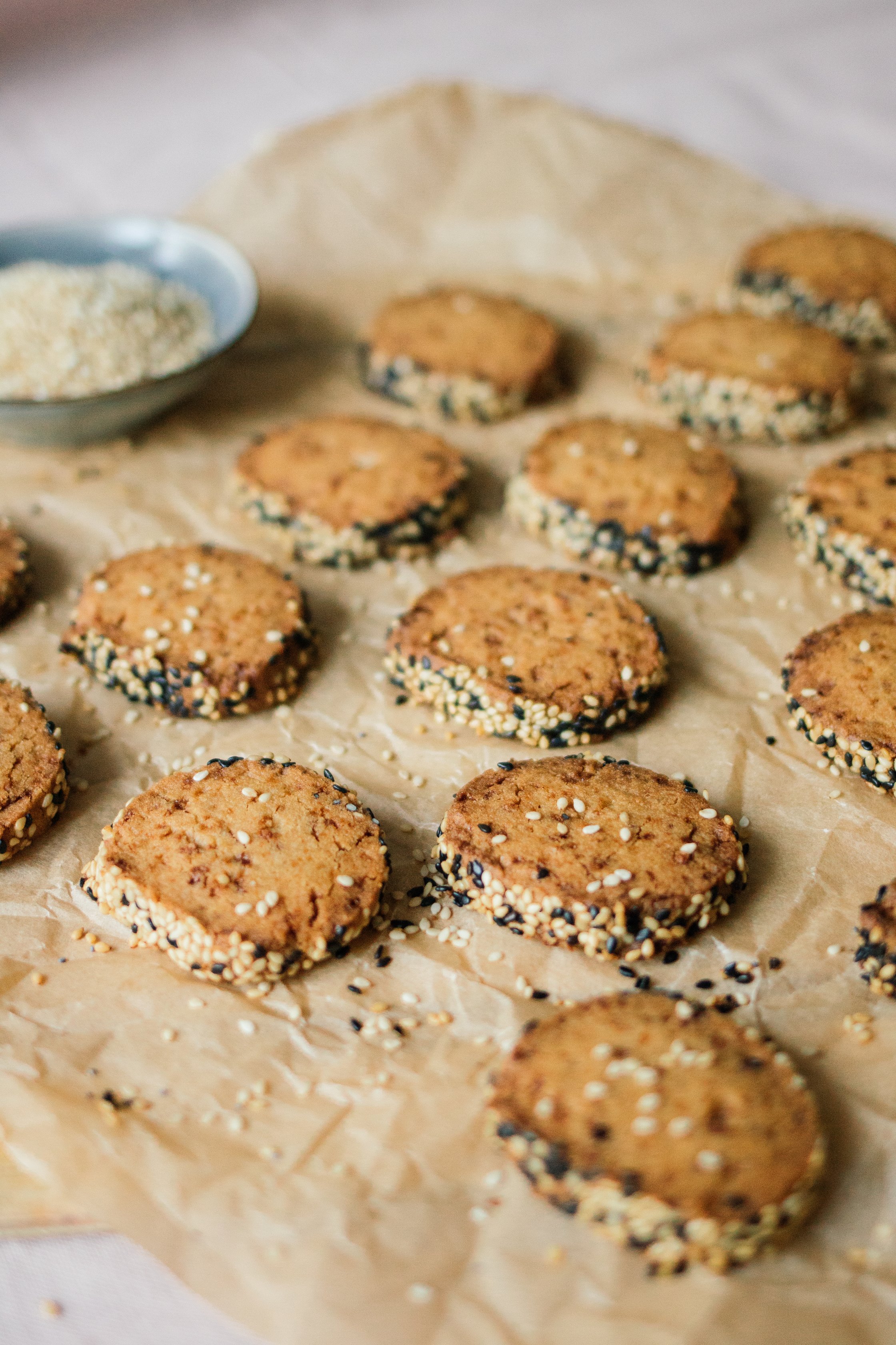 vegan tahini cookies on parchment paper