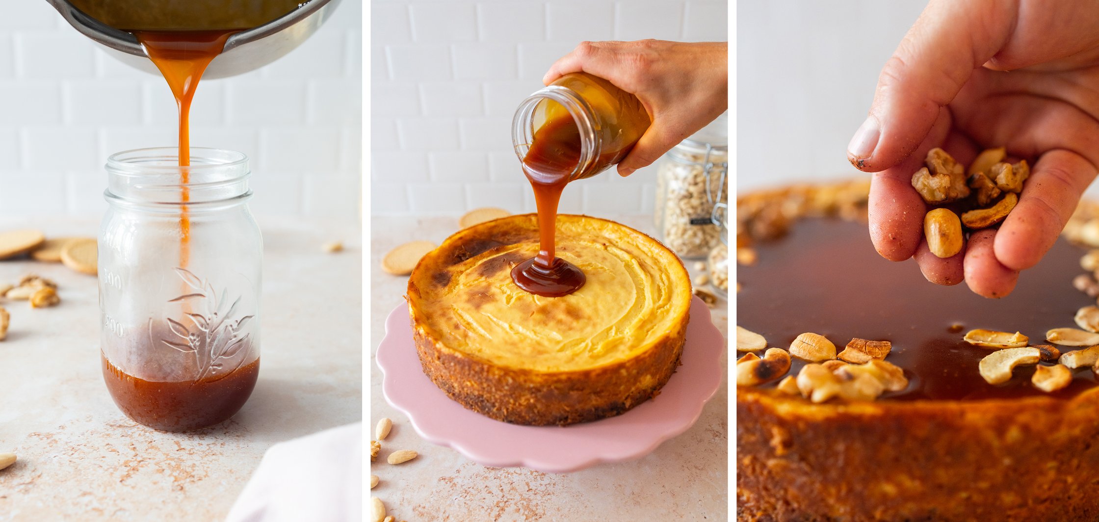 Nun wird das Karamell angerührt und mit Nüssen auf dem Kuchen verteilt.