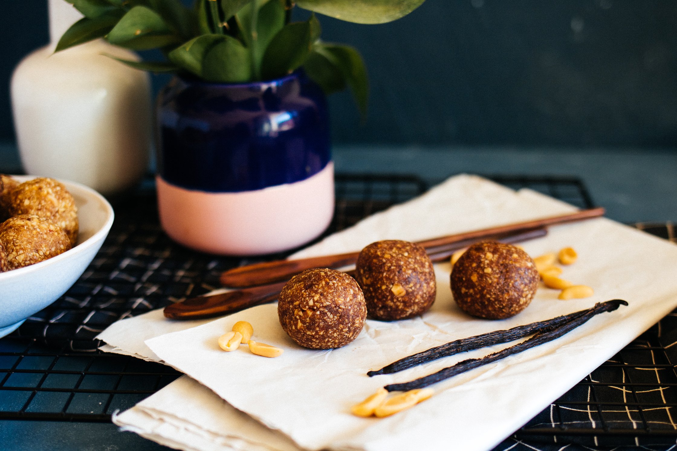 vegan snickers balls with peanuts and vanilla