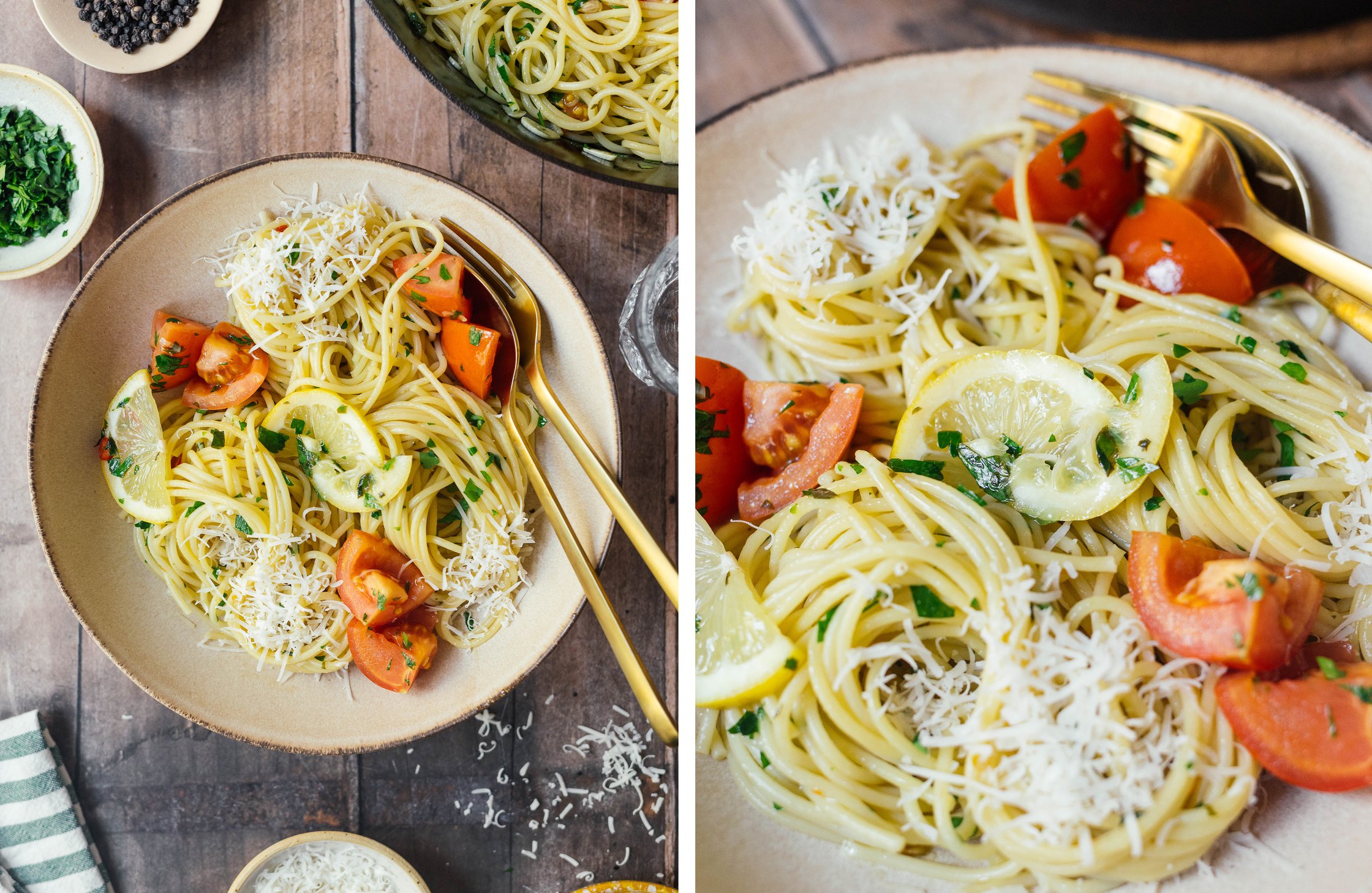 Spaghetti wird mit Parmesan auf hellem Teller serviert
