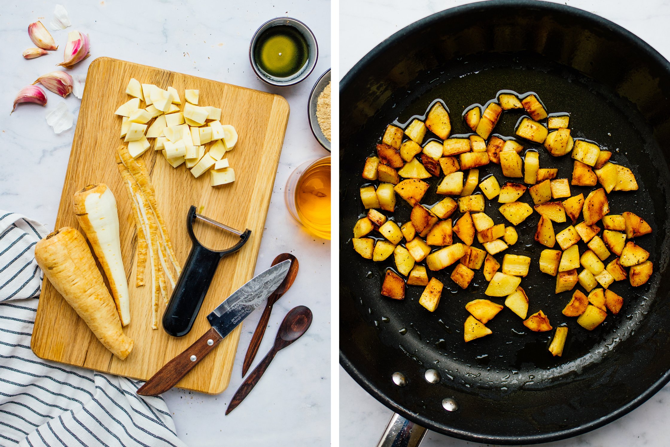 frying parsnip cubes