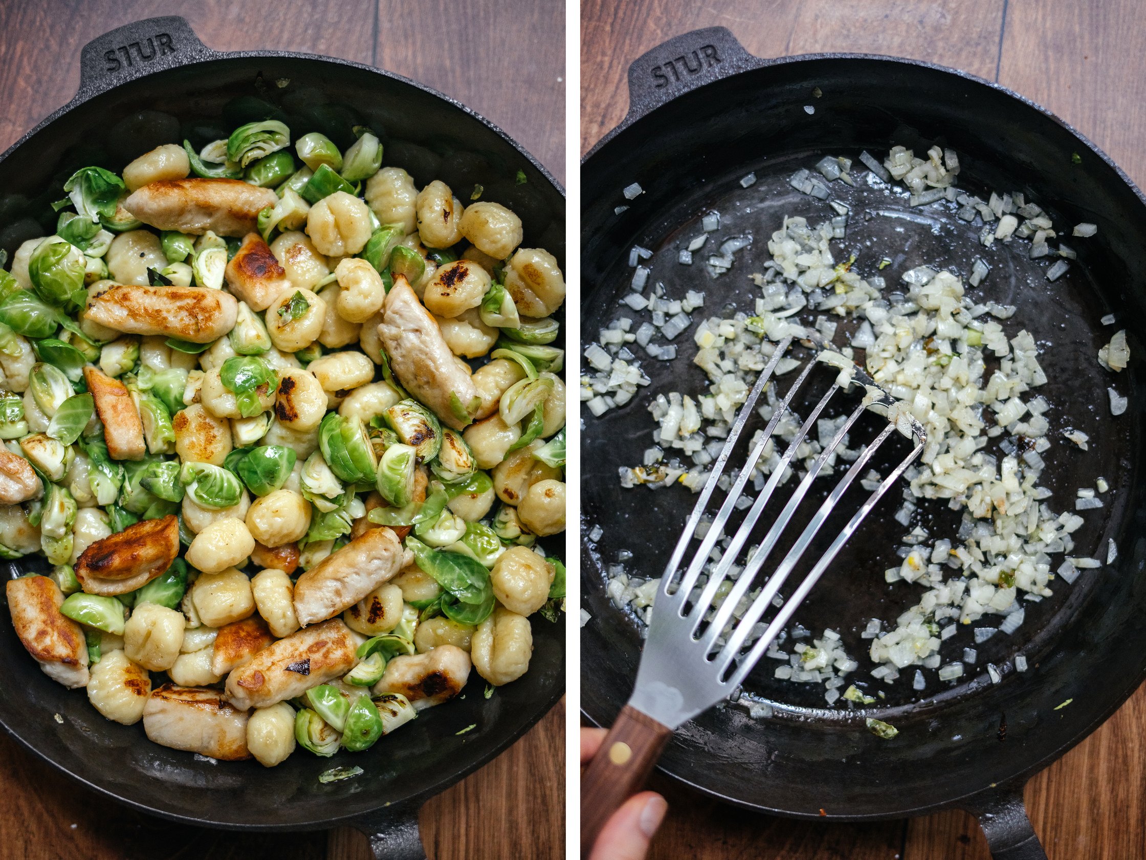 frying gnocchi, brussels sprouts and vegan chi