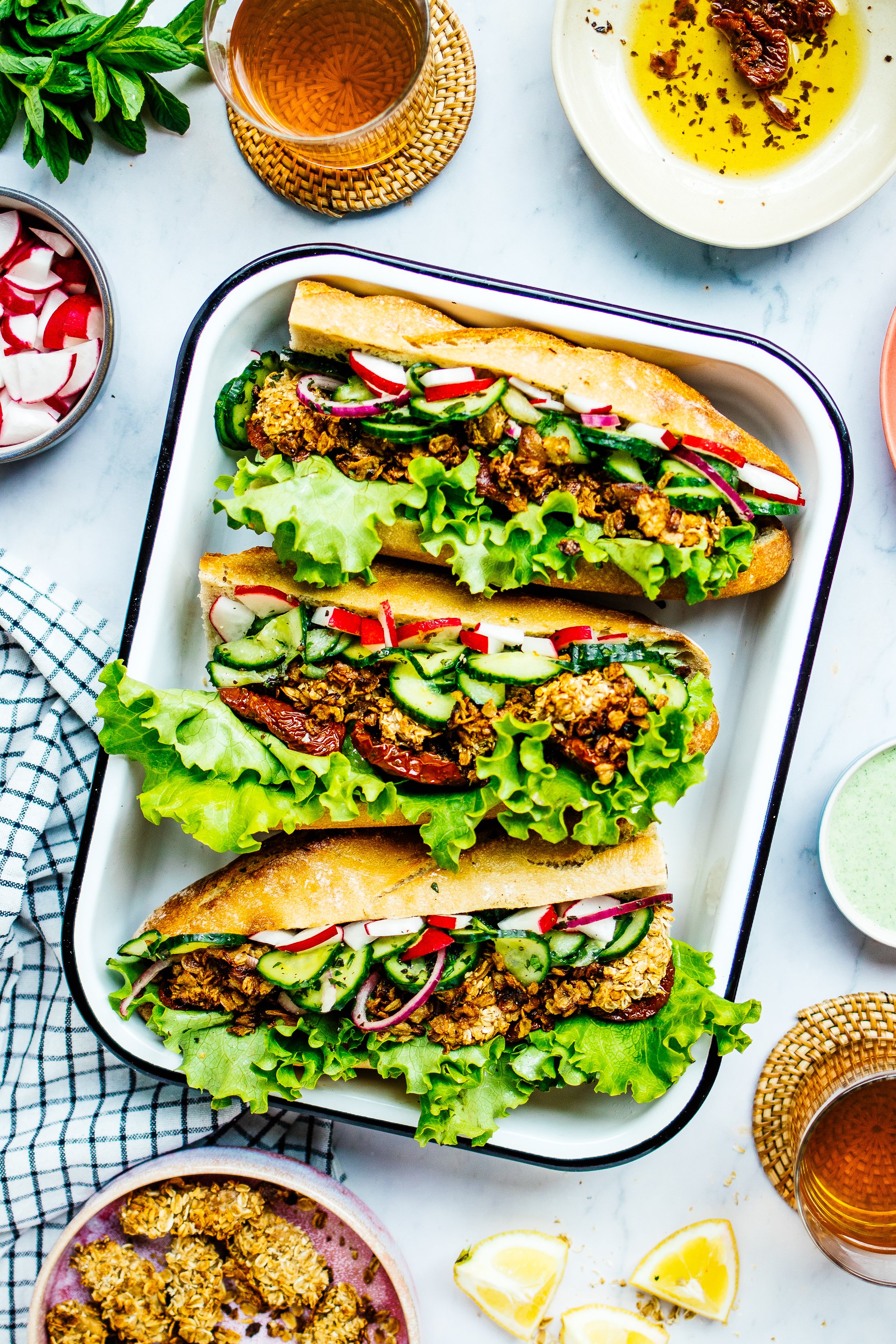 vegan sandwiches with cucumber mint salad and crispy chicken in a box