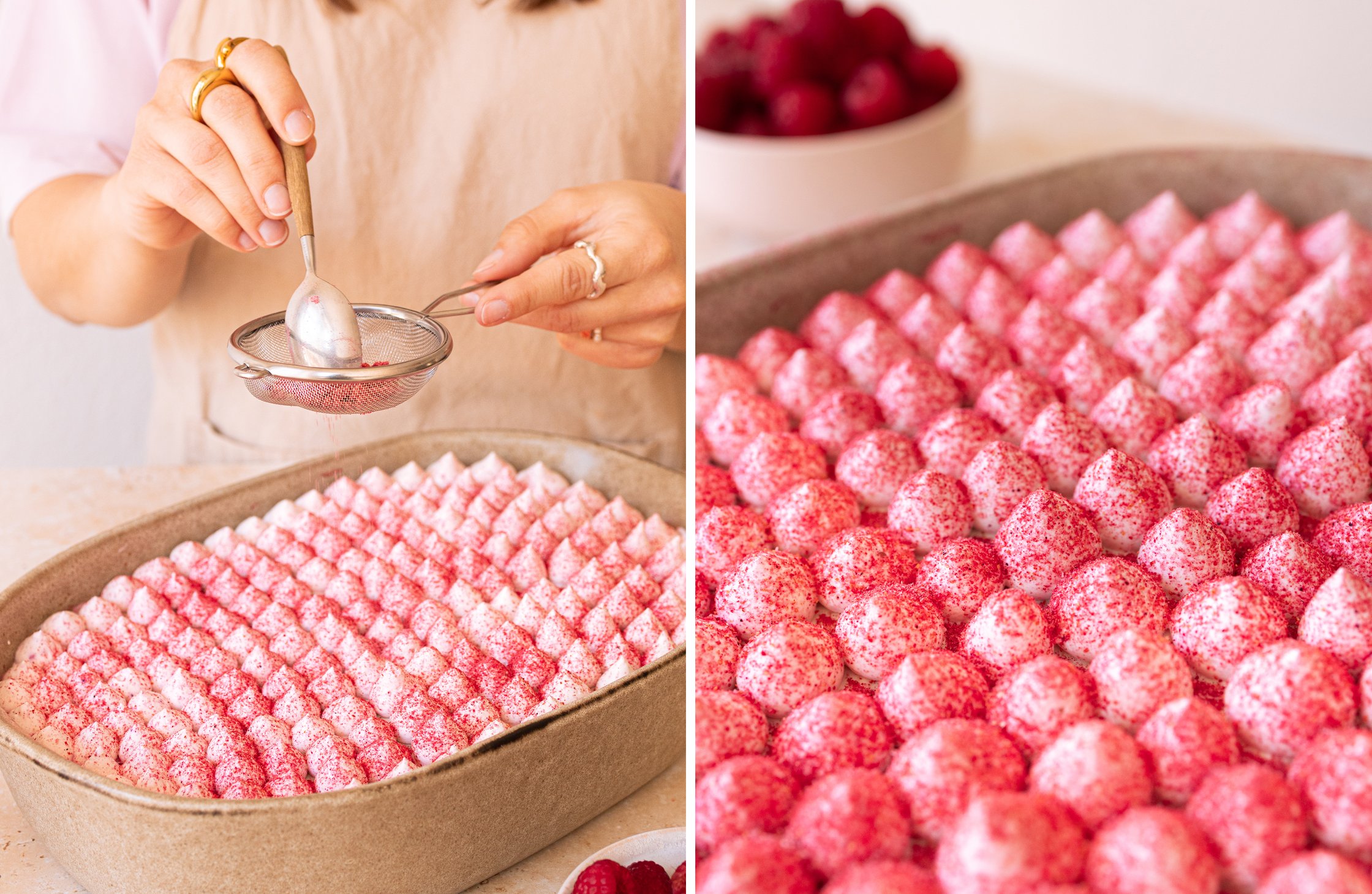 Two-part image - Left: Raspberry powder is spread onto the cream rosettes. Right: Close-up of the cream rosettes.