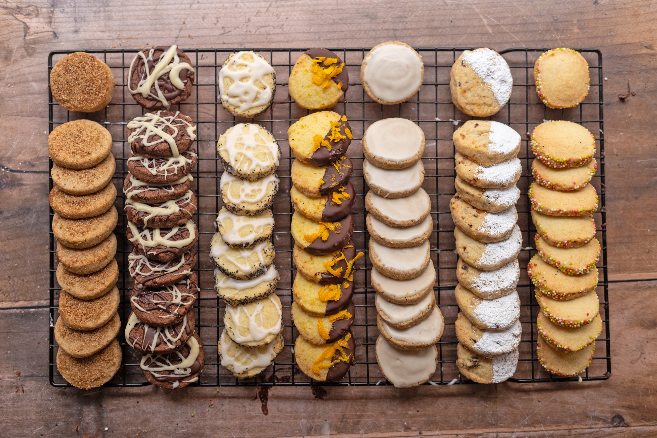 7 types of Vegan Slice and Bake Cookies served on a table