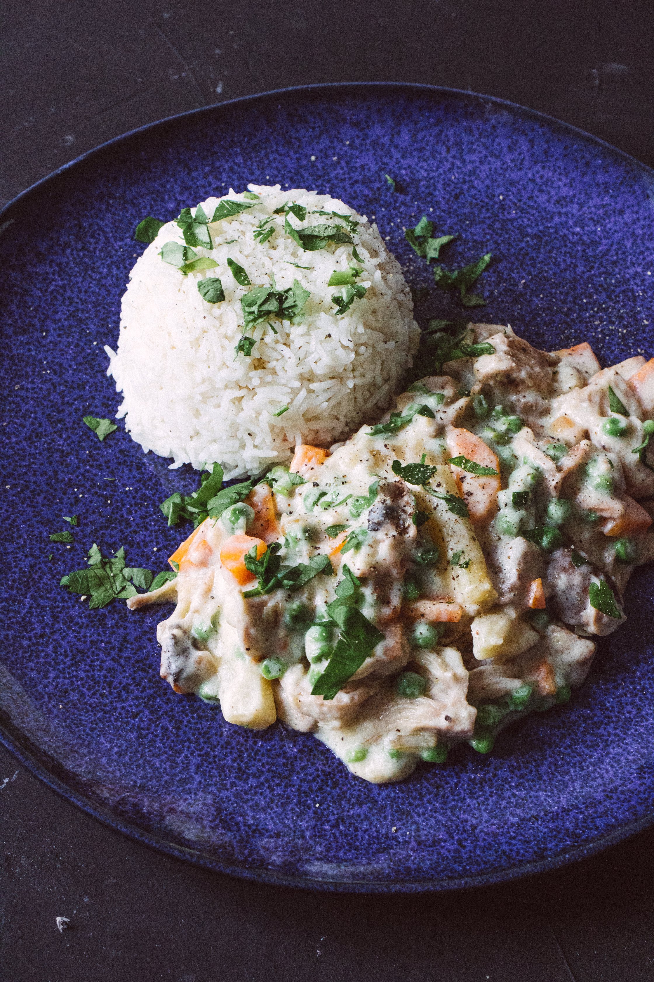 Jackfruit fricassee with rice served on a plate