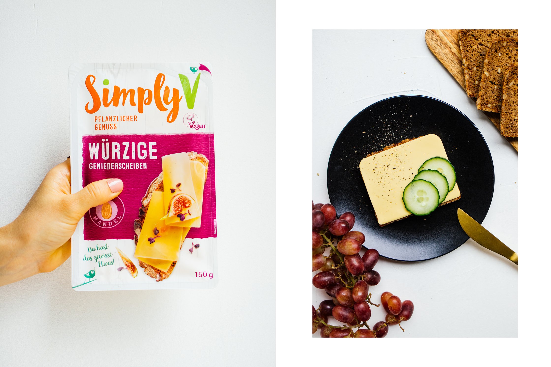 veganer Simply V Käse mit Brot und Trauben