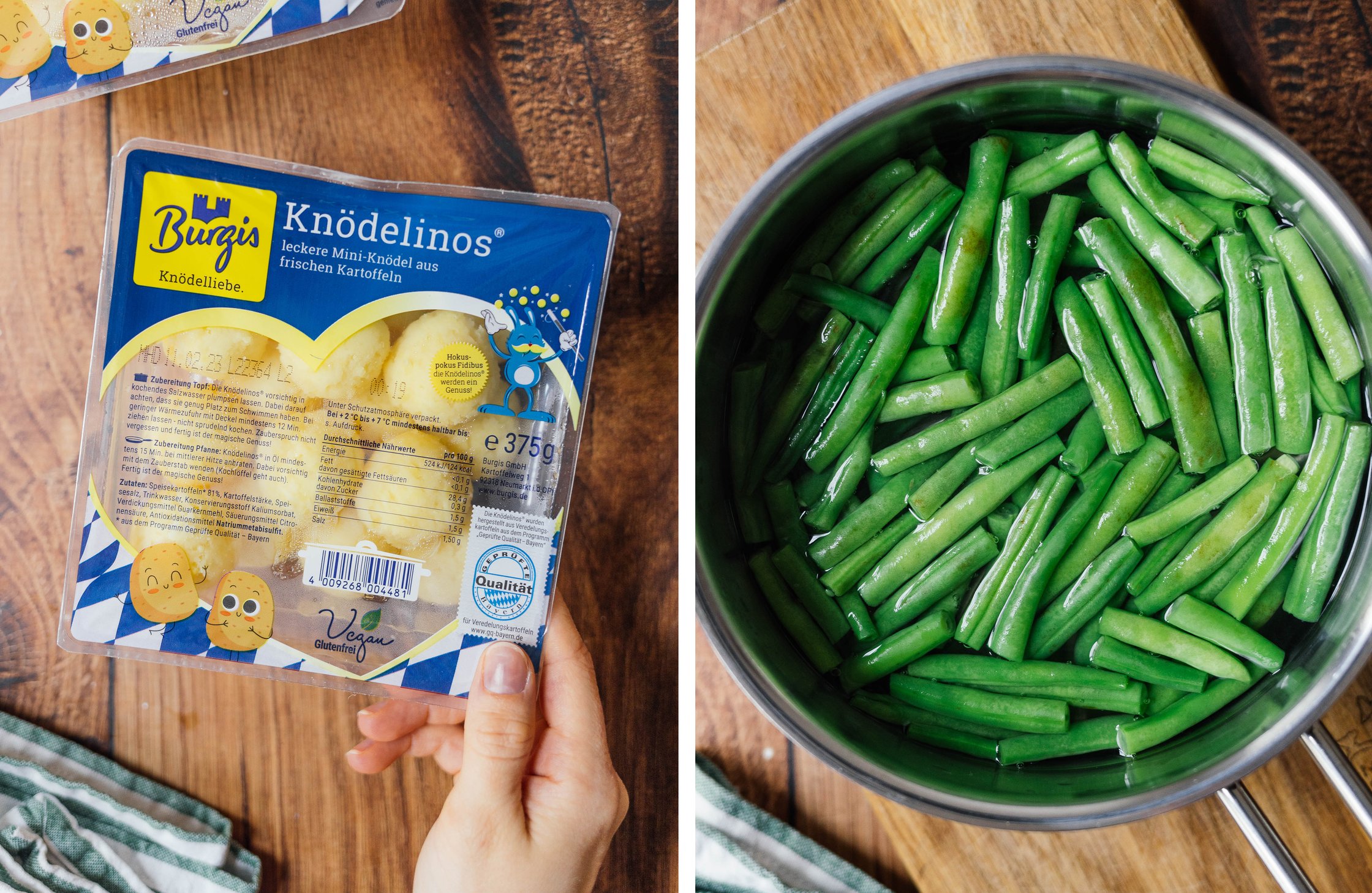 vegane Mini-Knödel von Burgis in der Verpackung; grüne Bohnen in Wasser kochen
