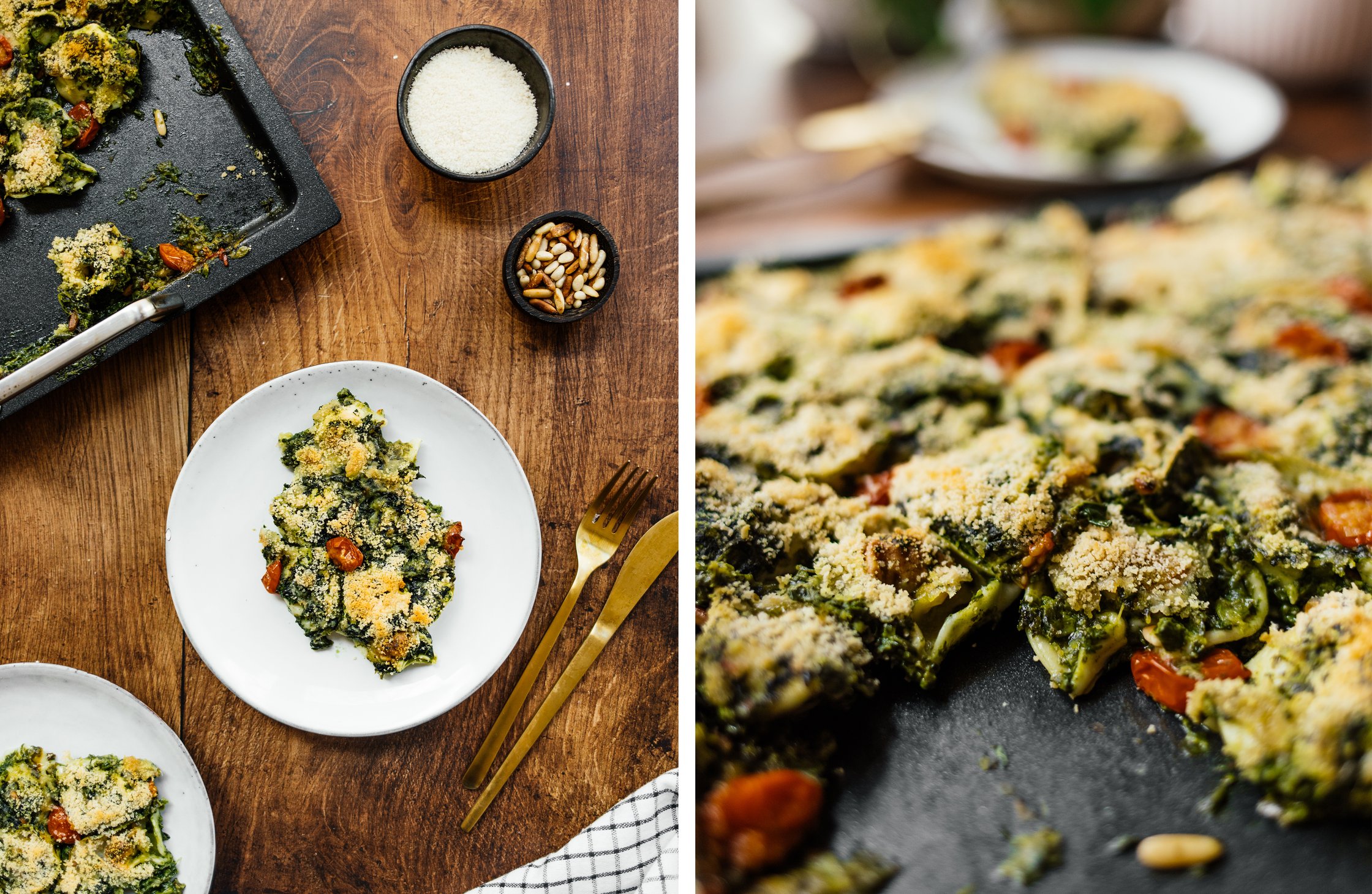 veganer Tortellini-Auflauf auf einem Teller angerichtet; Nahaufnahme von veganem Tortellini-Auflauf