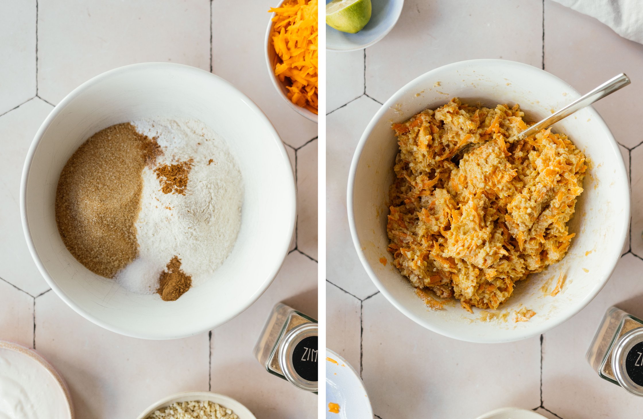 ingredients for the cookie dough; dough for carrot cake cookies in a bowl