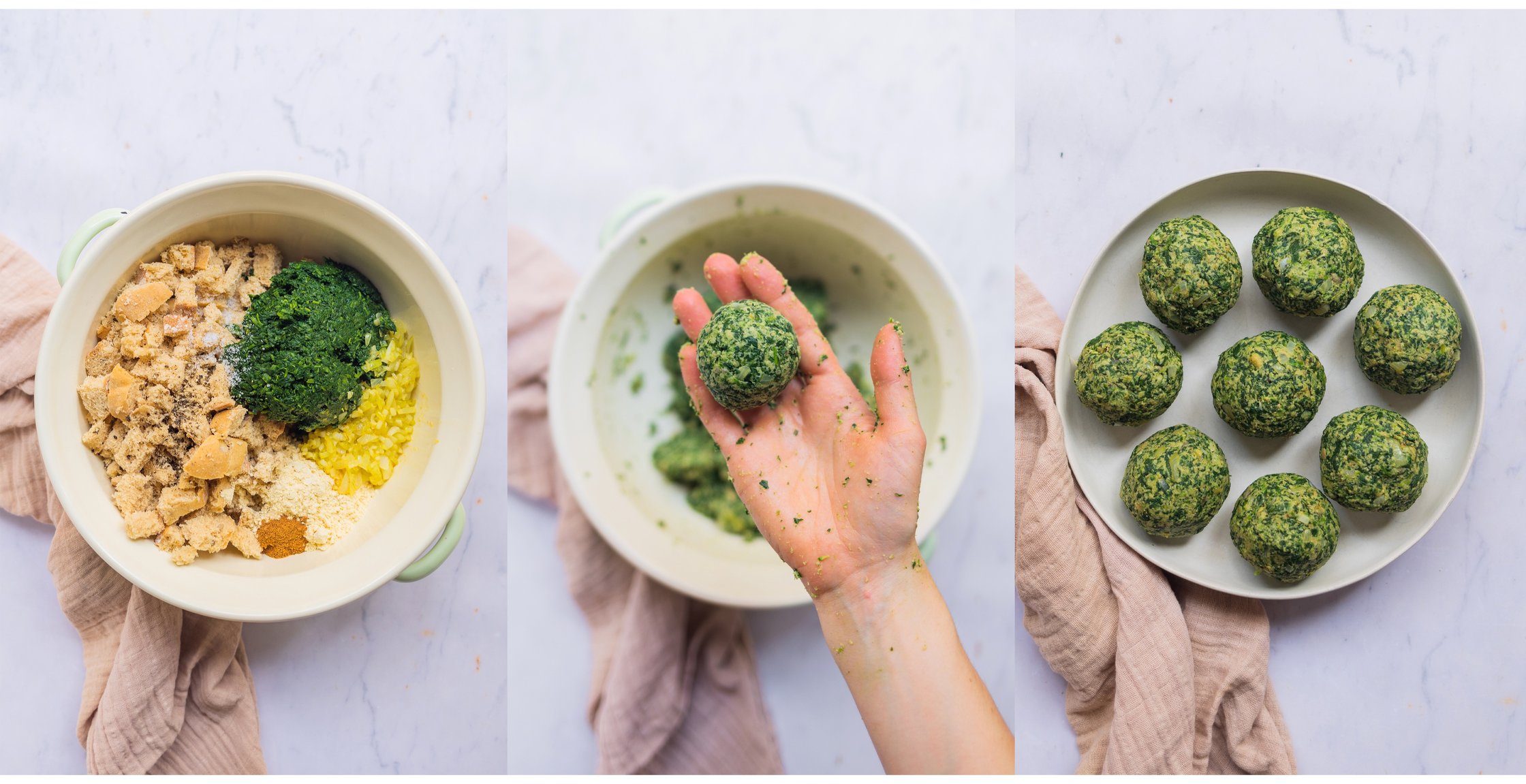 Zutaten für vegane Spinatknödel sind in einer Schüssel, Knödel werden gerollt, 9 Spinatknödel liegen auf einem Teller