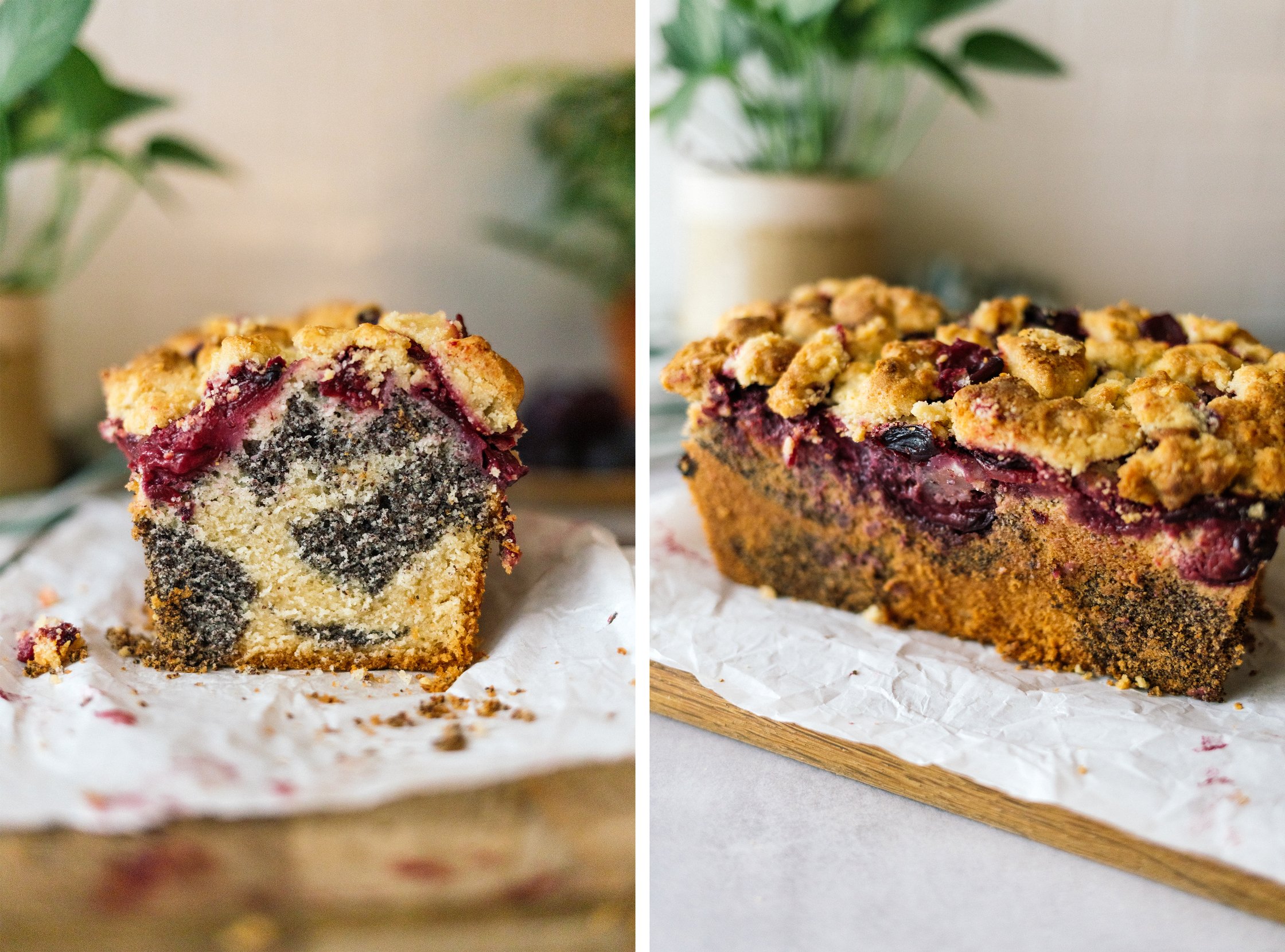 aufgeschnittener Veganer Mohn-Pflaumen-Kuchen mit Streuseldecke