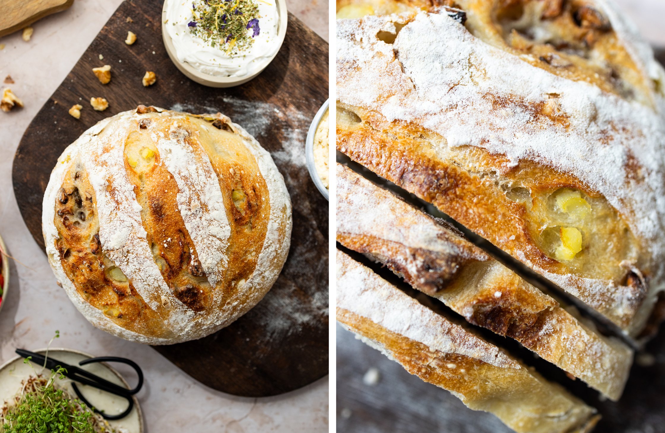 links: Walnuss-kartoffel-Sauerteigbrot auf einem Brett, mit veganem Frischkäse in einer Schüssel, Kresse mit einer Schere
rec