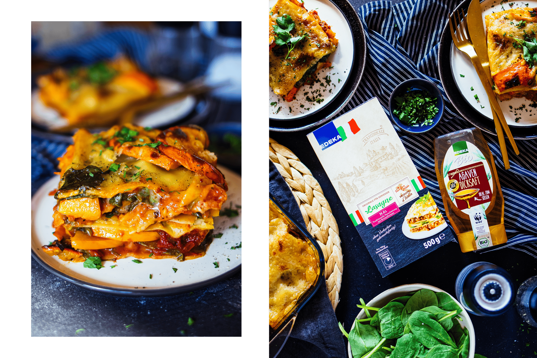 vegane Kürbislasagne mit Spinat