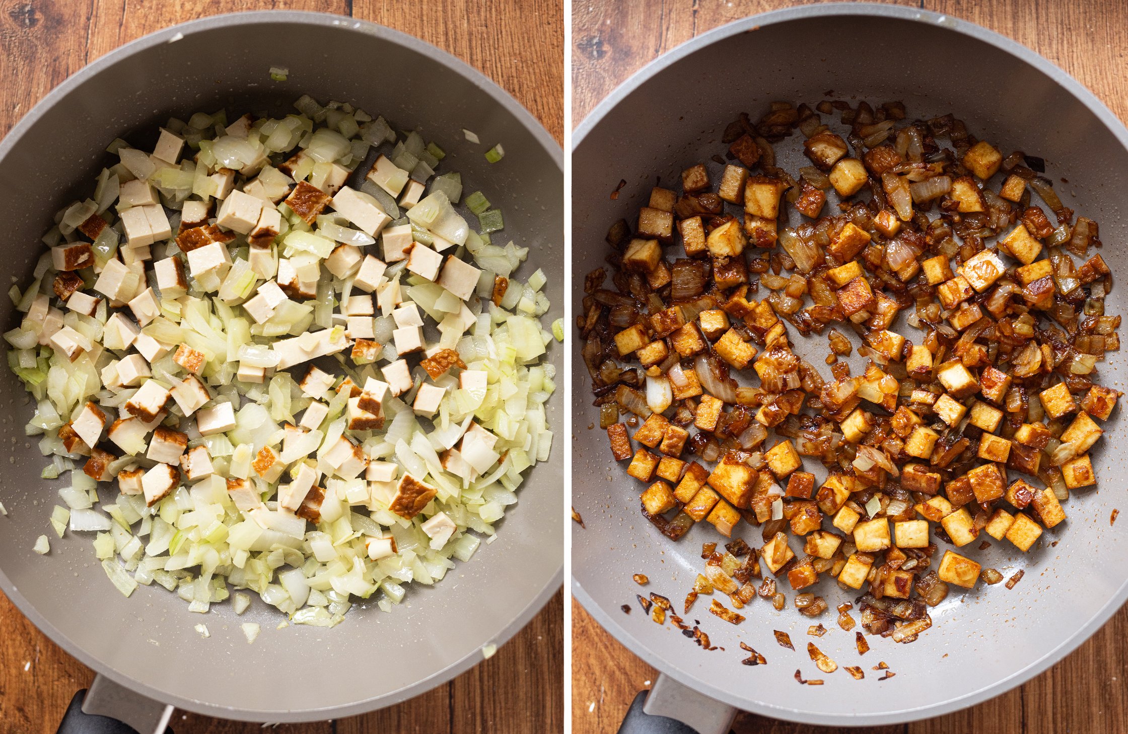 Zweigeteiltes Bild von Räuchertofu und Zwiebeln in einer Pfanne und dem angebratenem Tofu mit Sojasoße