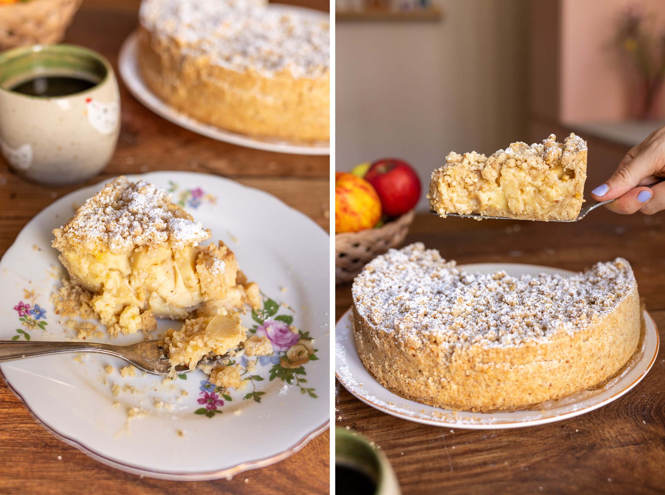 Ein Stück Kuchen wir rausgehoben und dann mit einer Gabel gegessen.