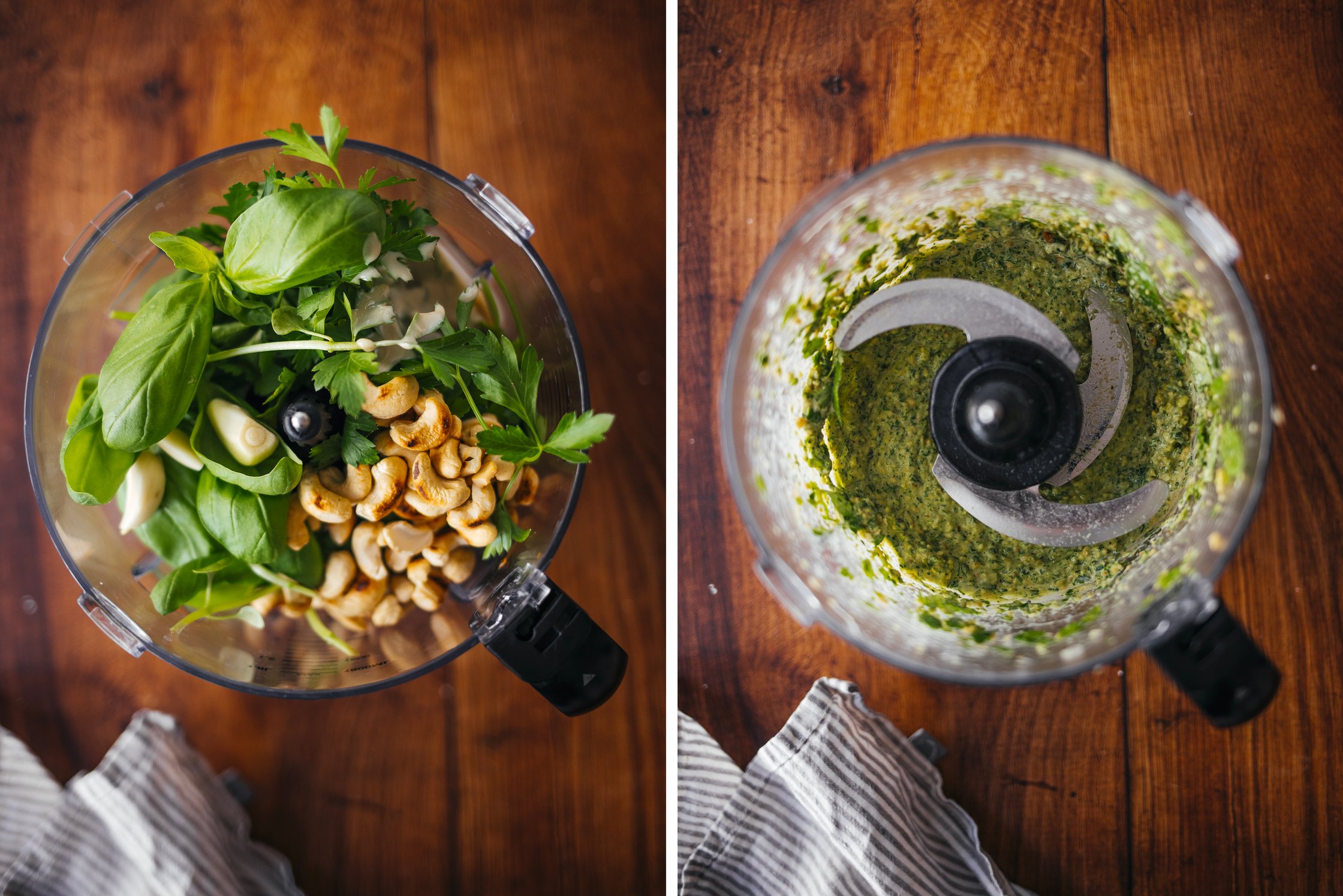 mixing a vegan green pesto made of cashews and basil