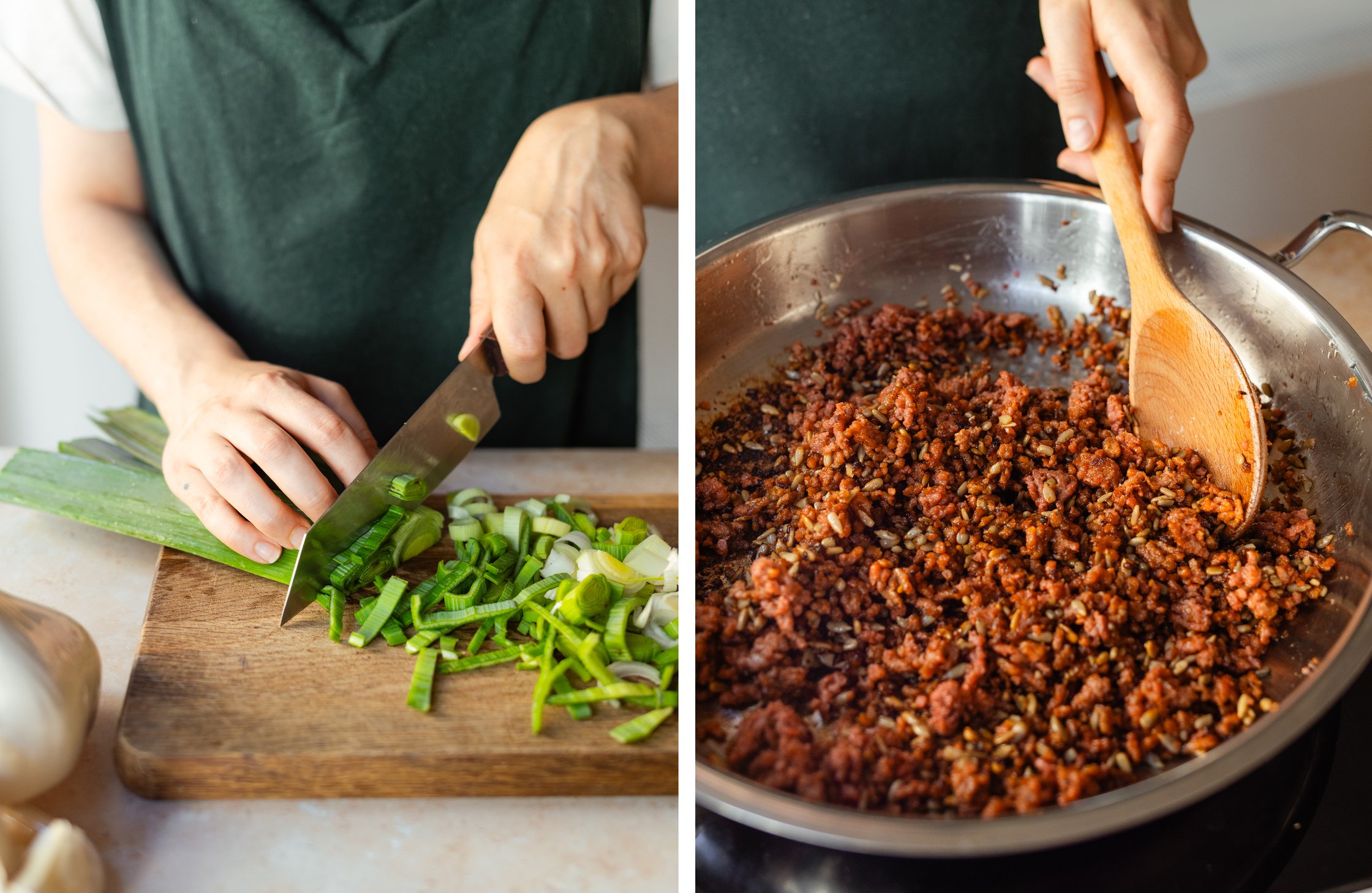 Lauch schneiden; veganes Hack anbraten