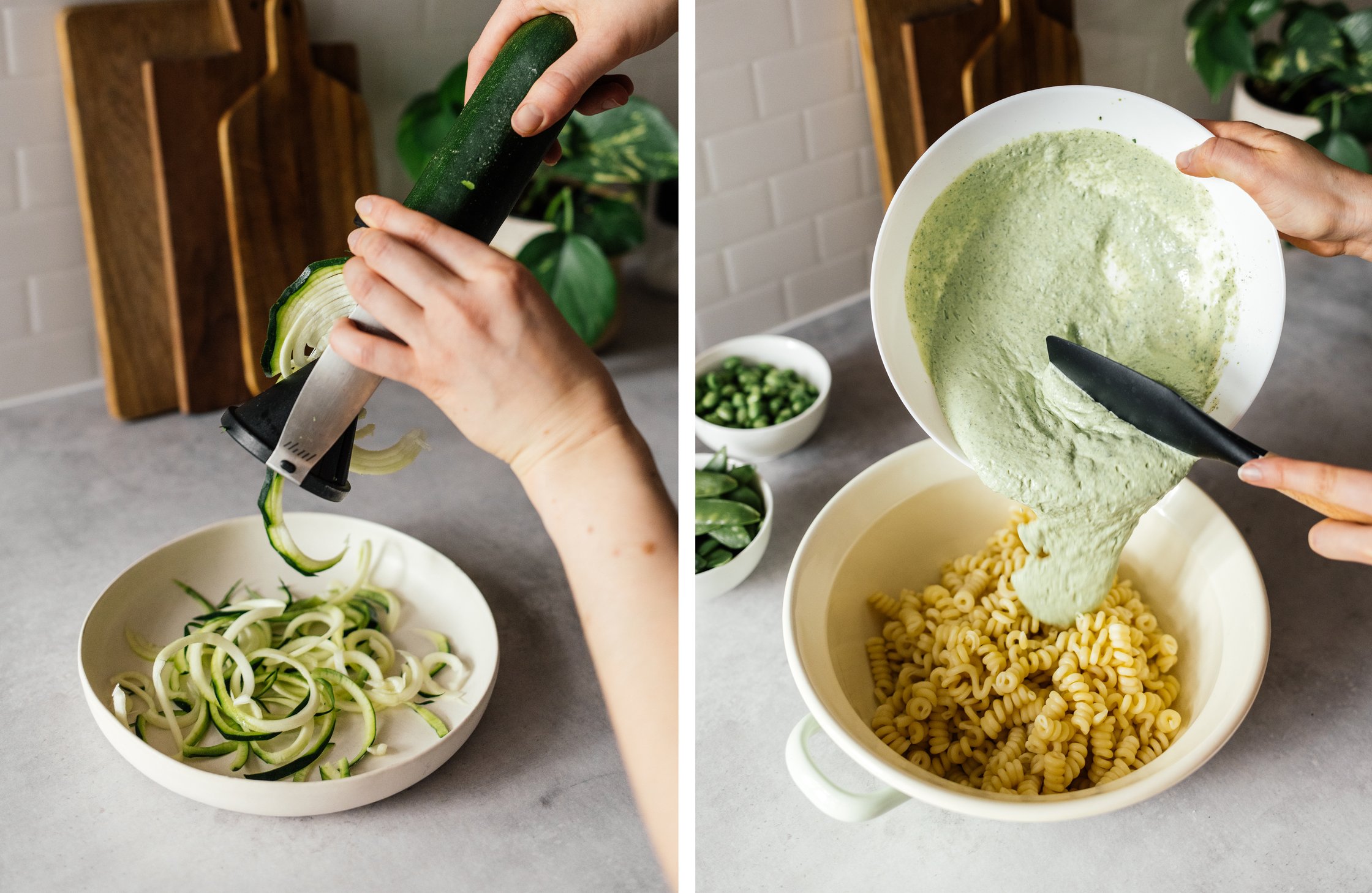 Zoodles mit einem Spiralschneider schneiden; Soße zu gekochter Pasta geben