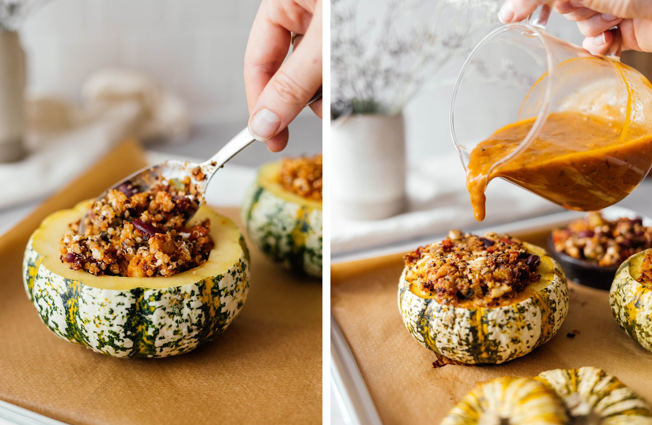 stuffing pumpkin and pouring sauce over it