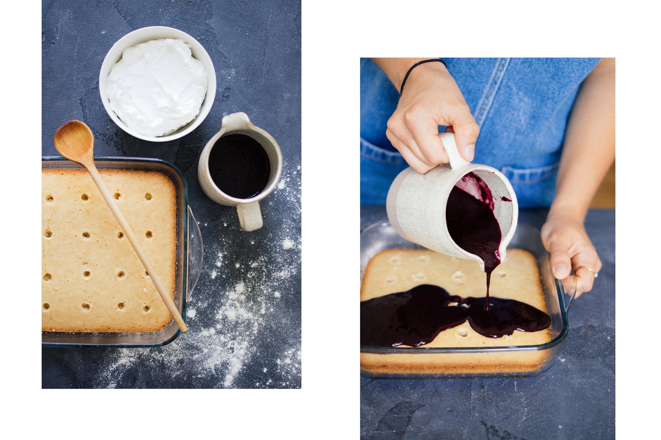 poke cake gets covered with blueberry sauce