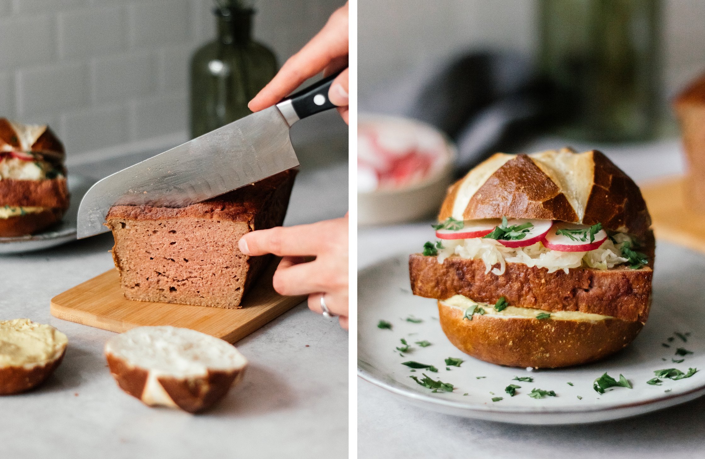 veganen Leberkäse in Scheiben schneiden; veganes Leberkäse-Brötchen