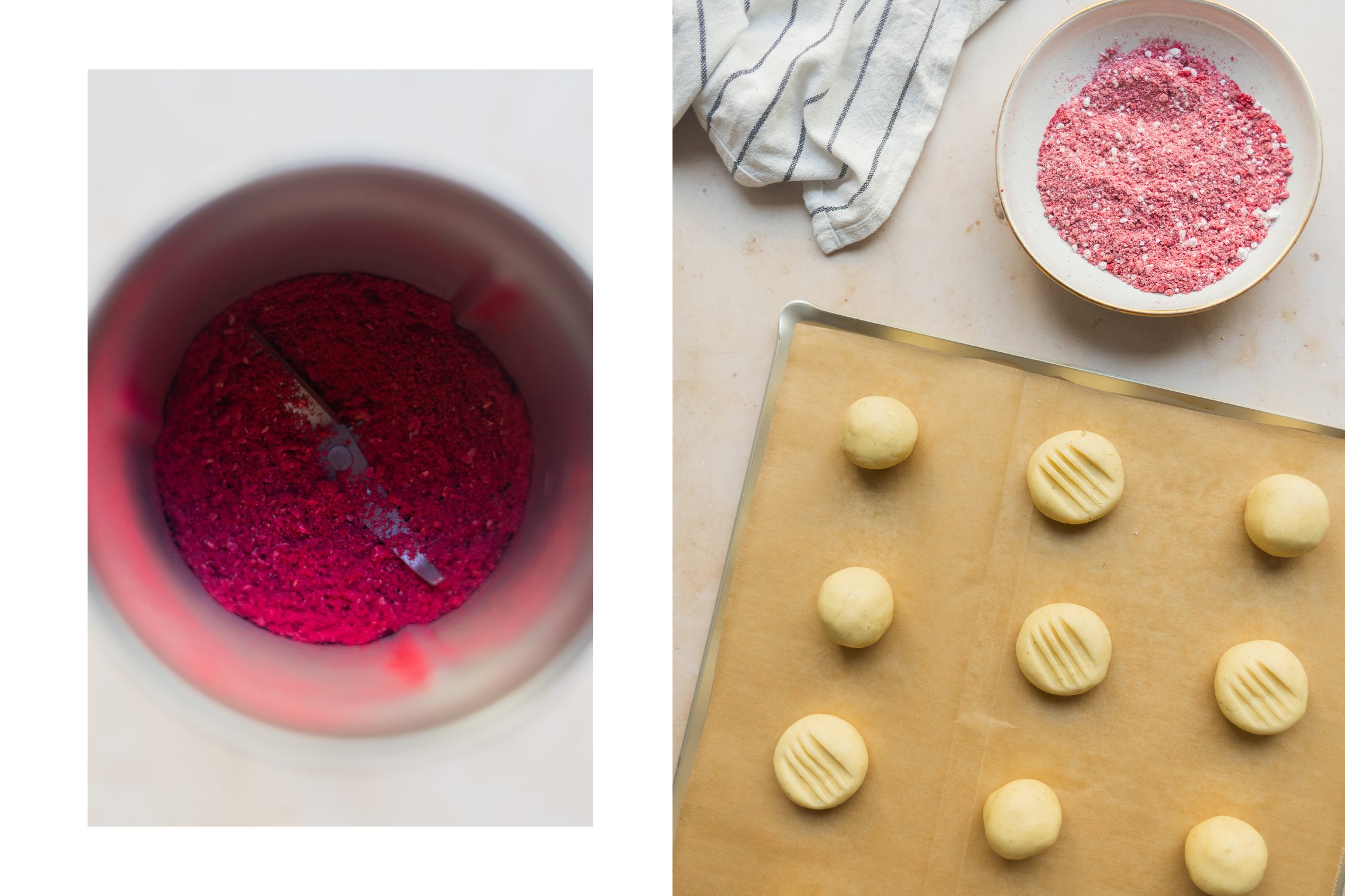 freeze-dried raspberries in a blender, cookies are flattened with fork
