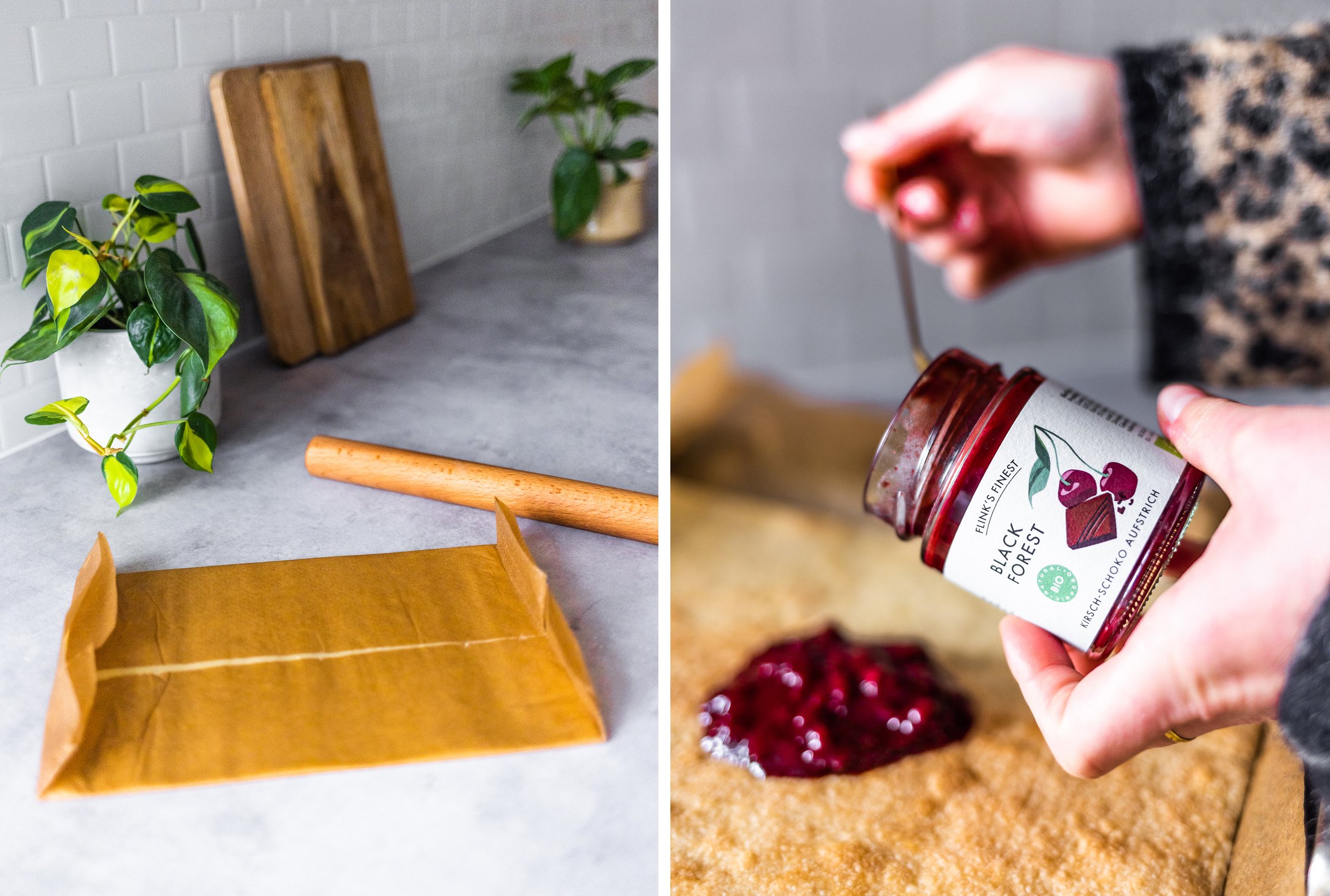 Marmelade wird auf Mürbeteig verteilt