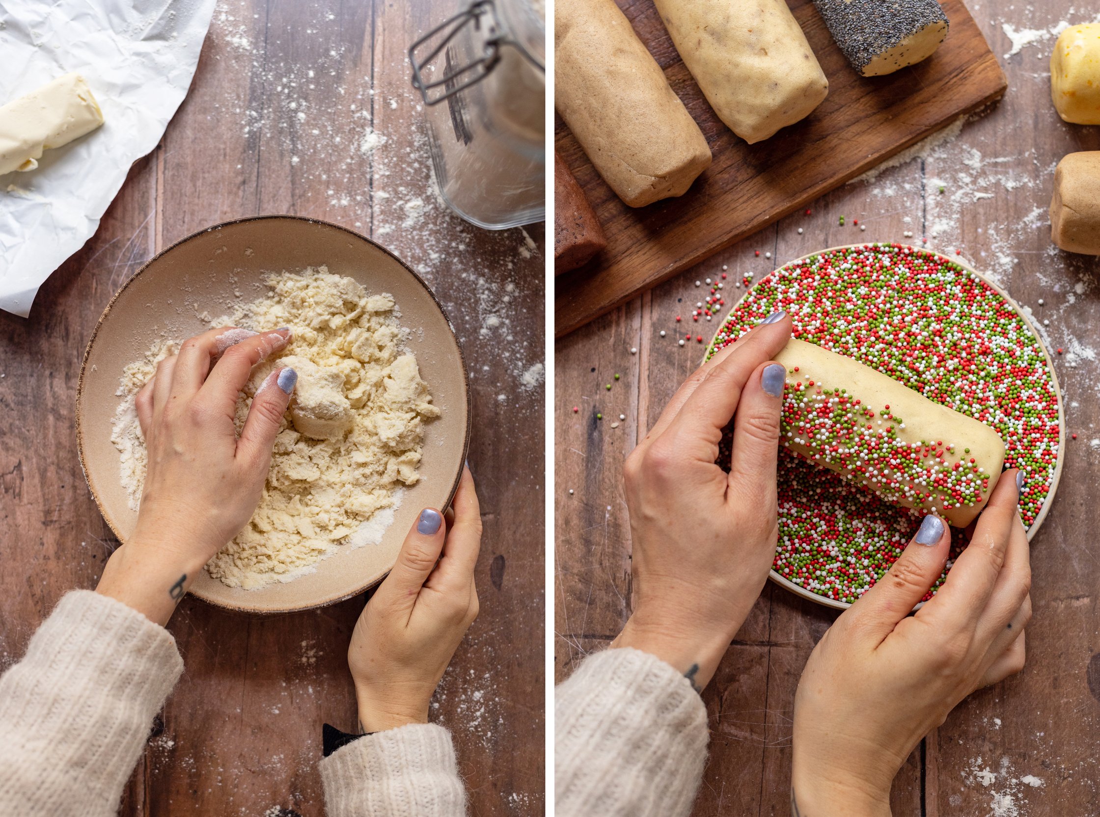 Dough for vegan slice and bake cookies is prepared and rolled in sugar sprinkles