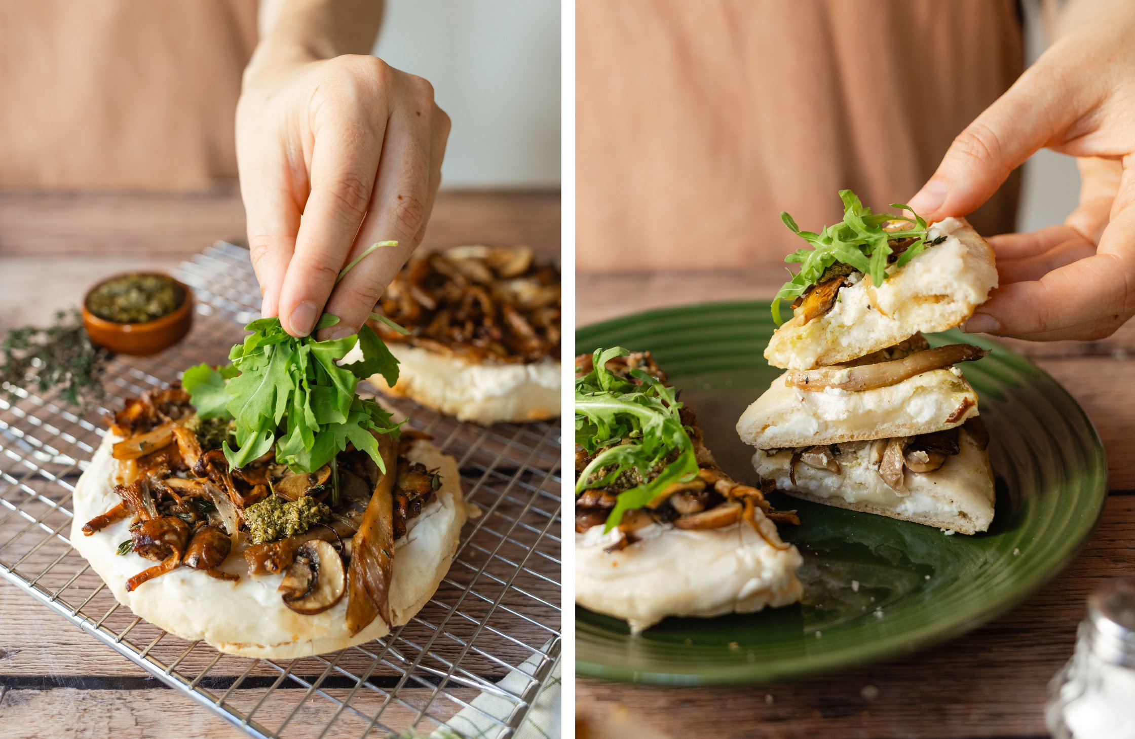decorating pitas with arugula; pitas cut into pieces