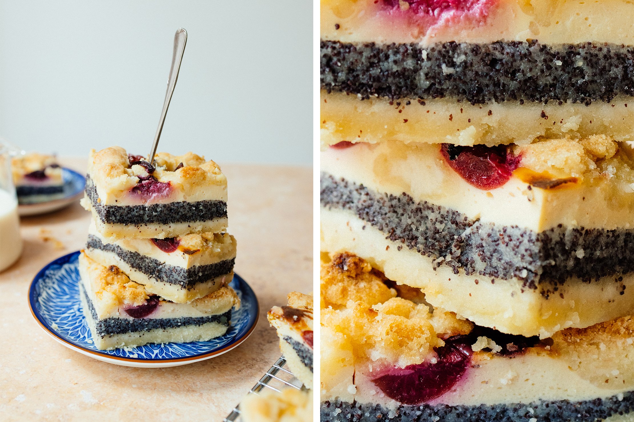stacked pieces of cherry cake with poppy seed