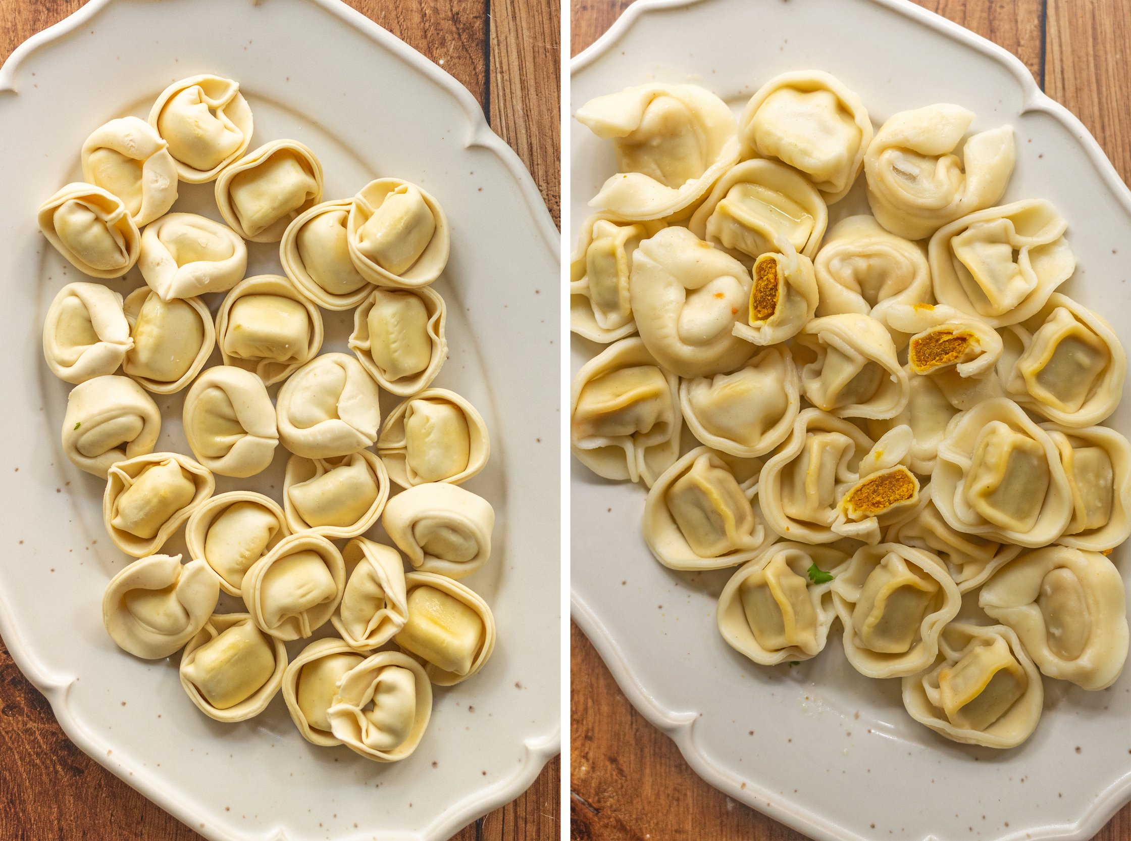 vegane tortellini vor und nach dem kochen