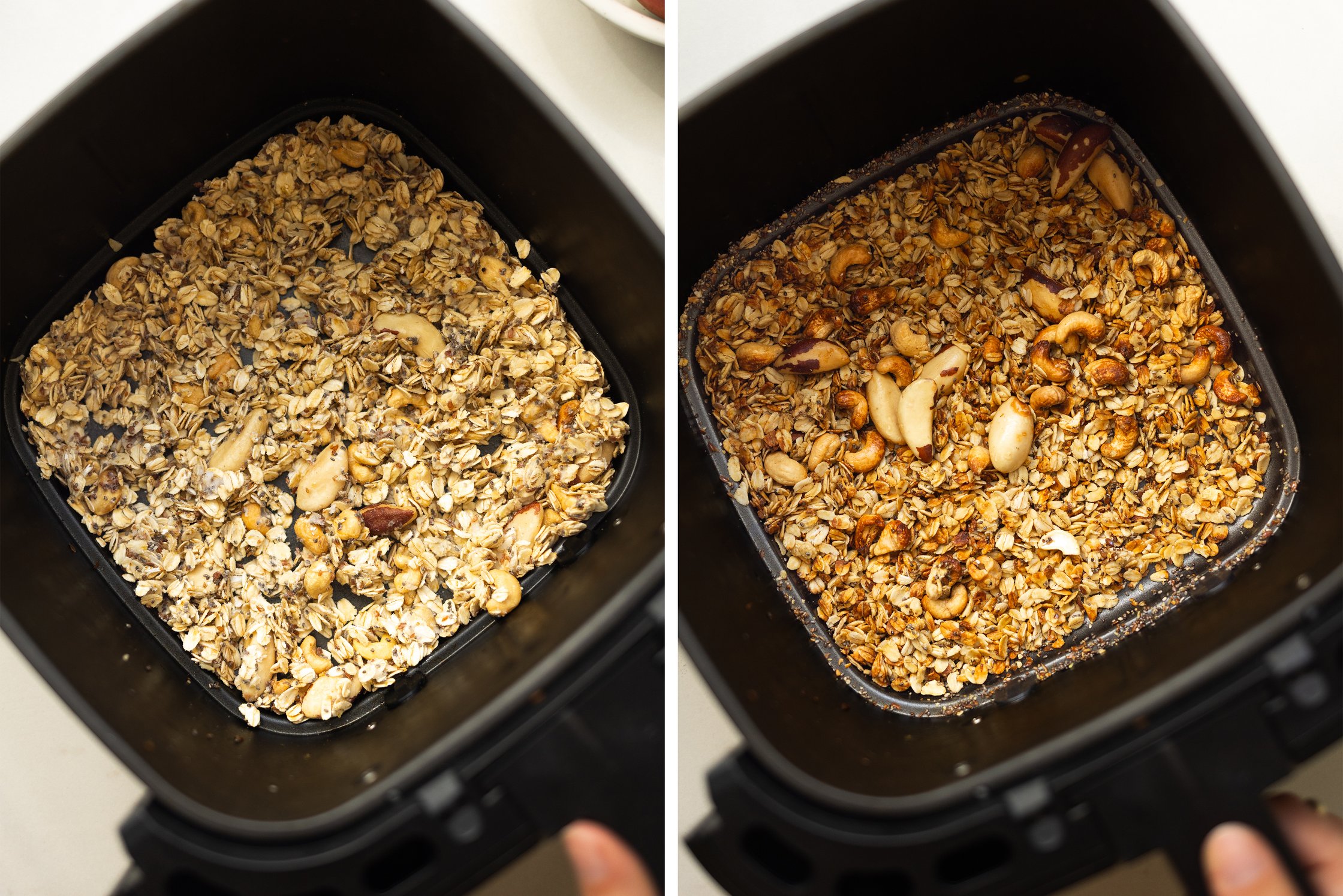 A split-screen image showing the open Airfryer from above: on the left, the re-baked granola; on the right, the freshly baked