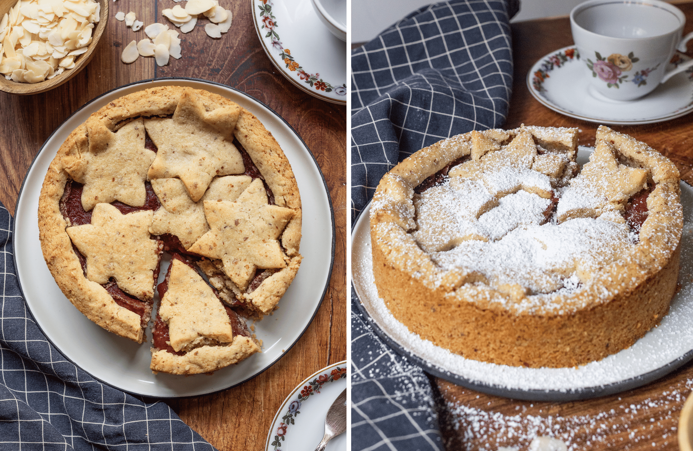 On the left the first piece of the cake is cut out and on the right it's topped with powdered sugar