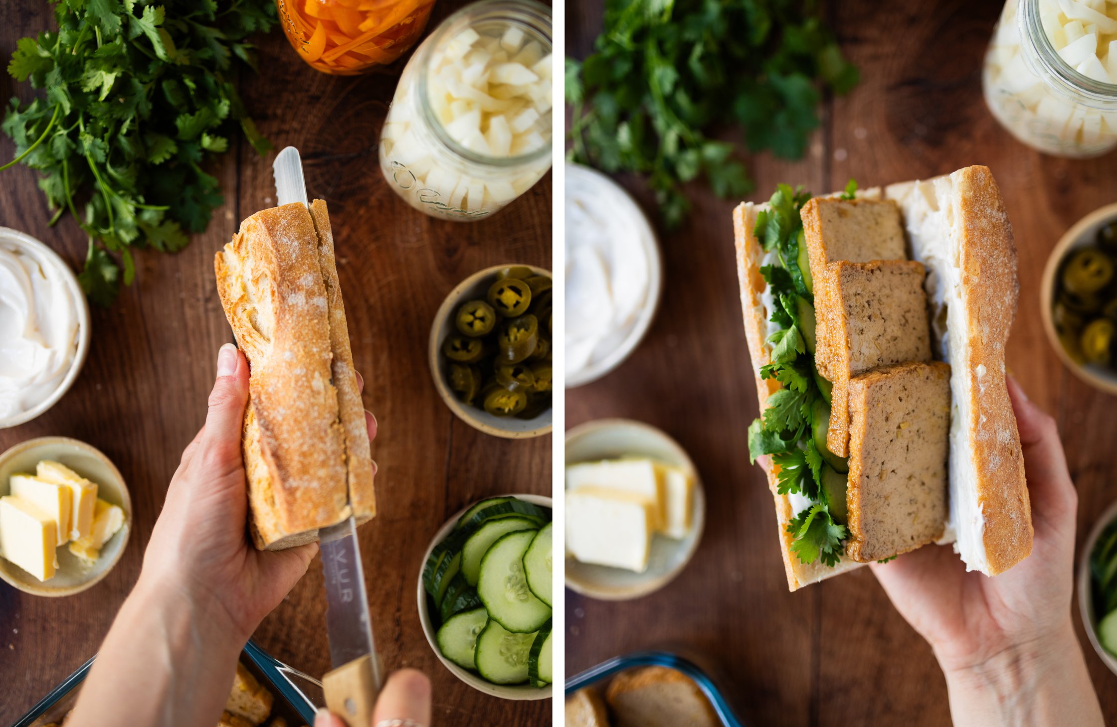 Topping vegan banh mi, left: slice baguette, right: top baguette with cilantro and tofu