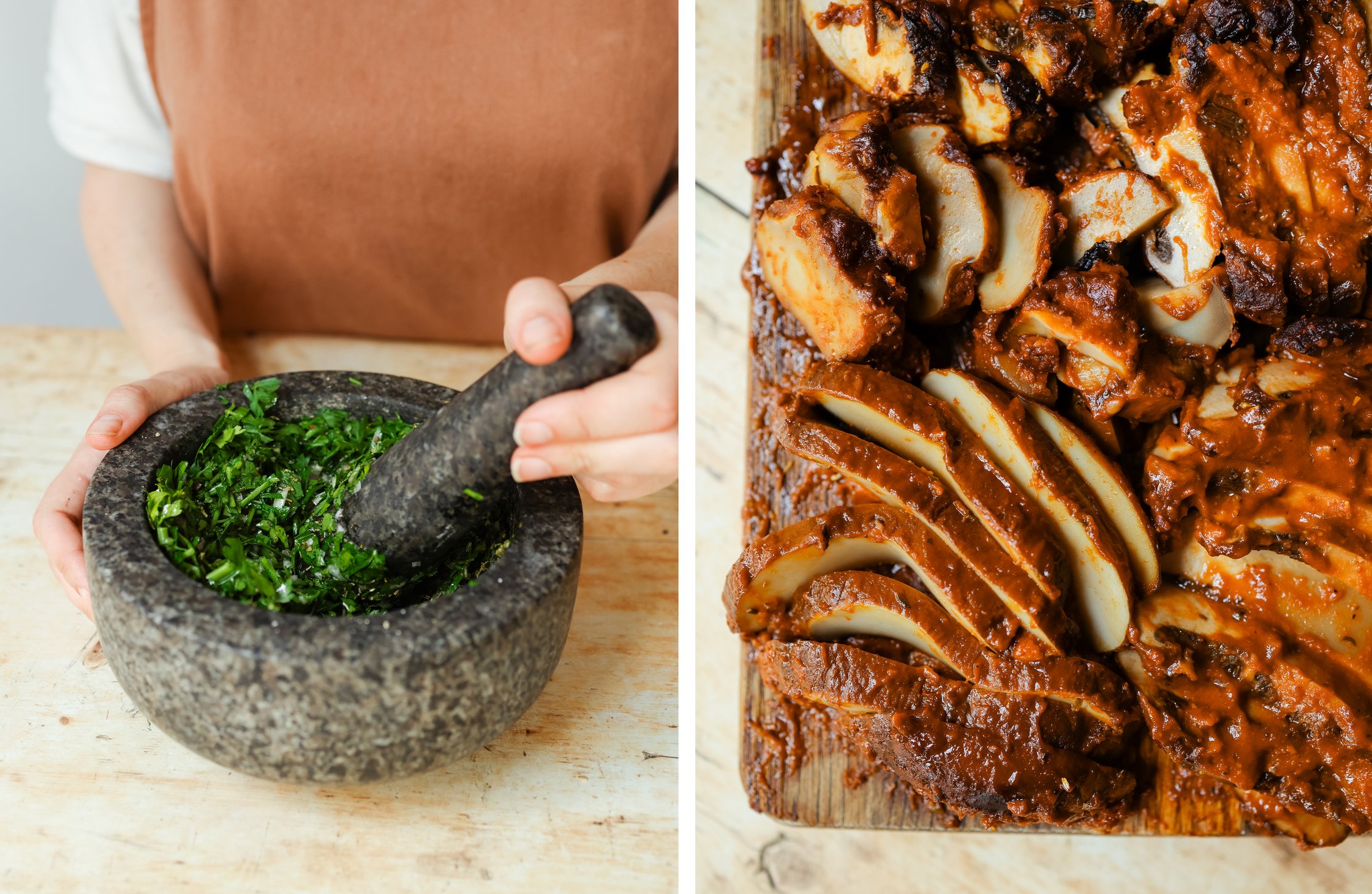 Chimichurri wird vorbereitet; Pilze geschnitten