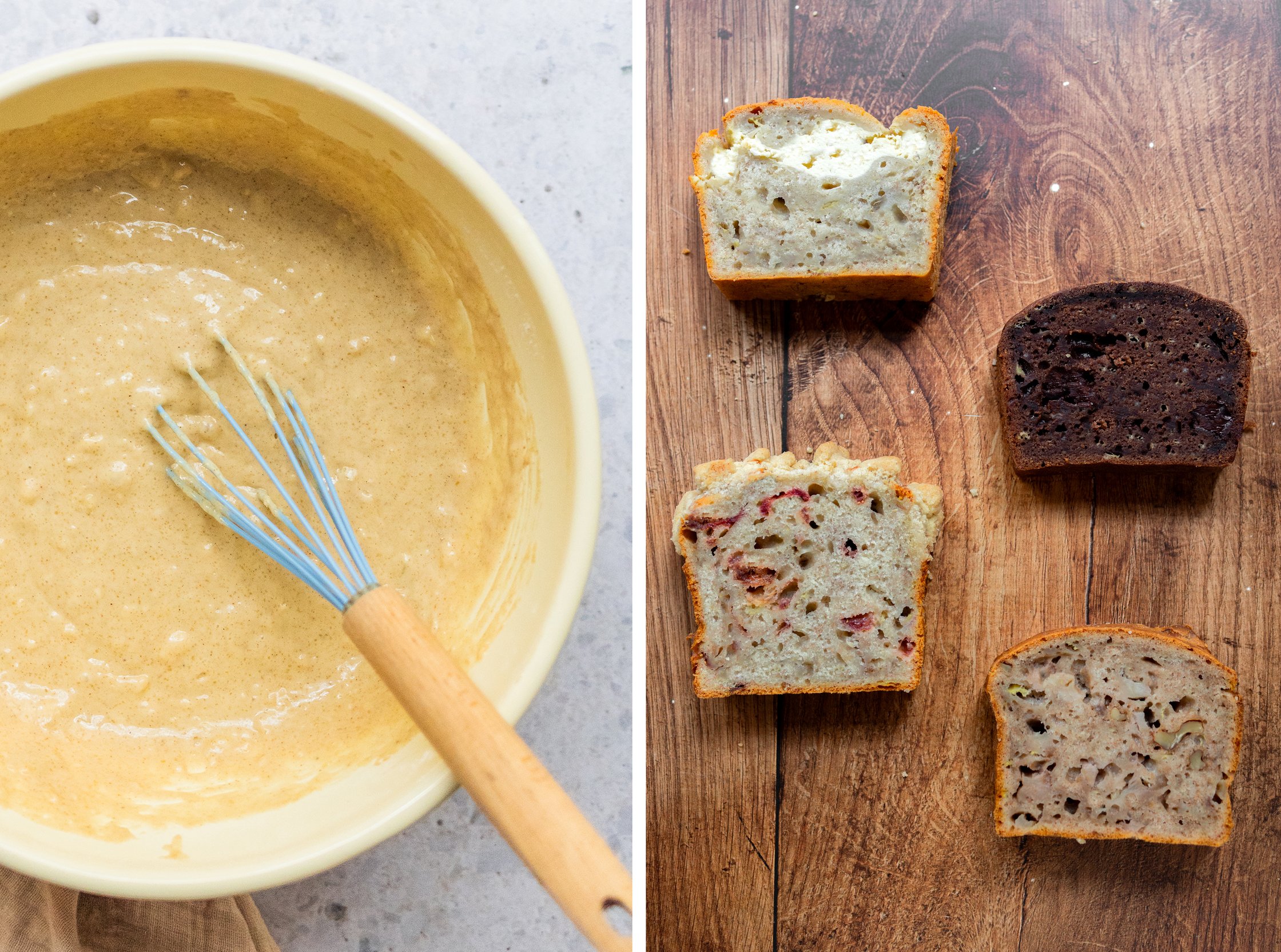 teig für veganes bananenbrot und 4 unterschiedliche arten mit toppings und füllungen