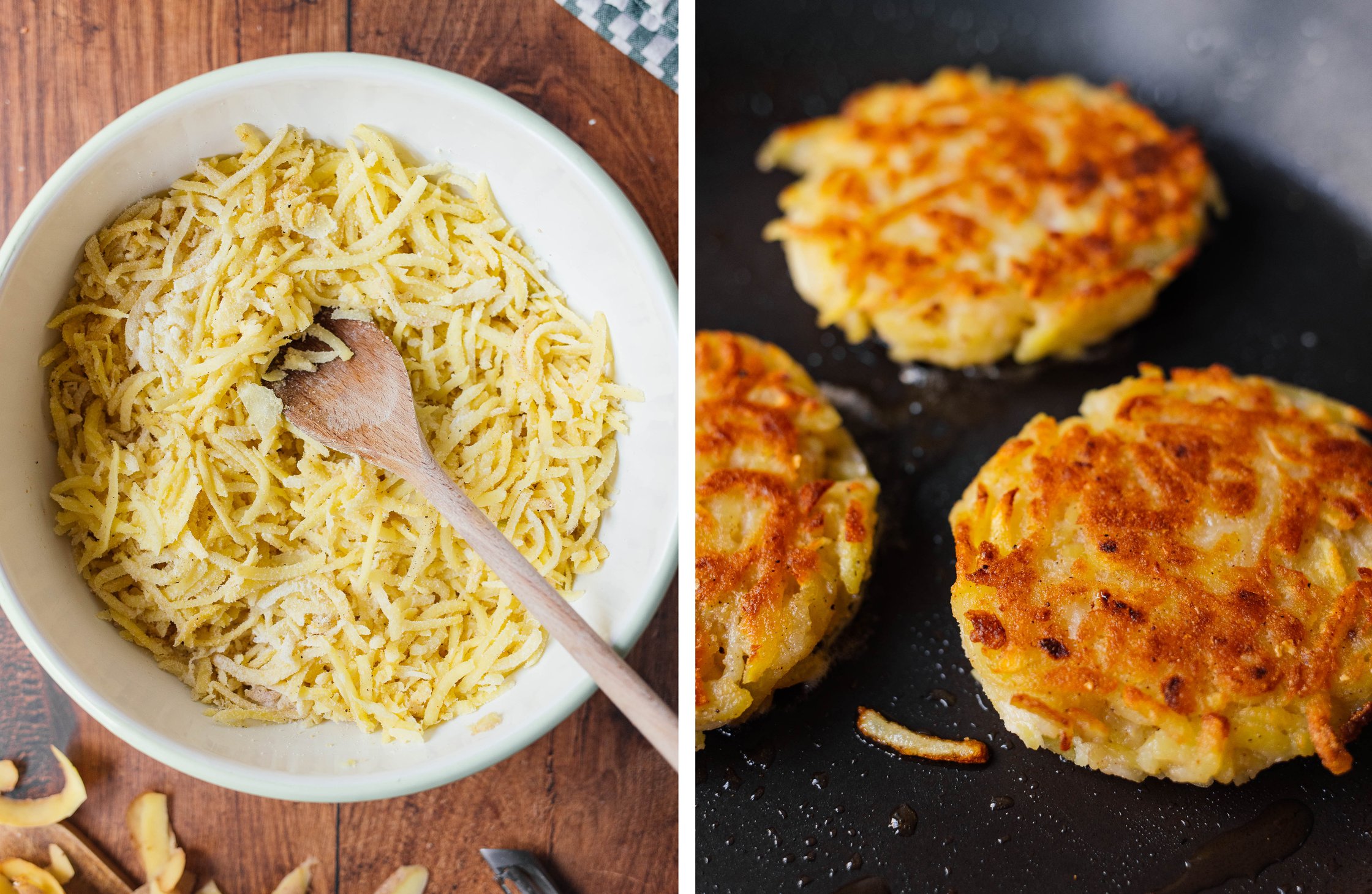 grated potatoes in a bowl; vegan potato pancakes fried in a pan
