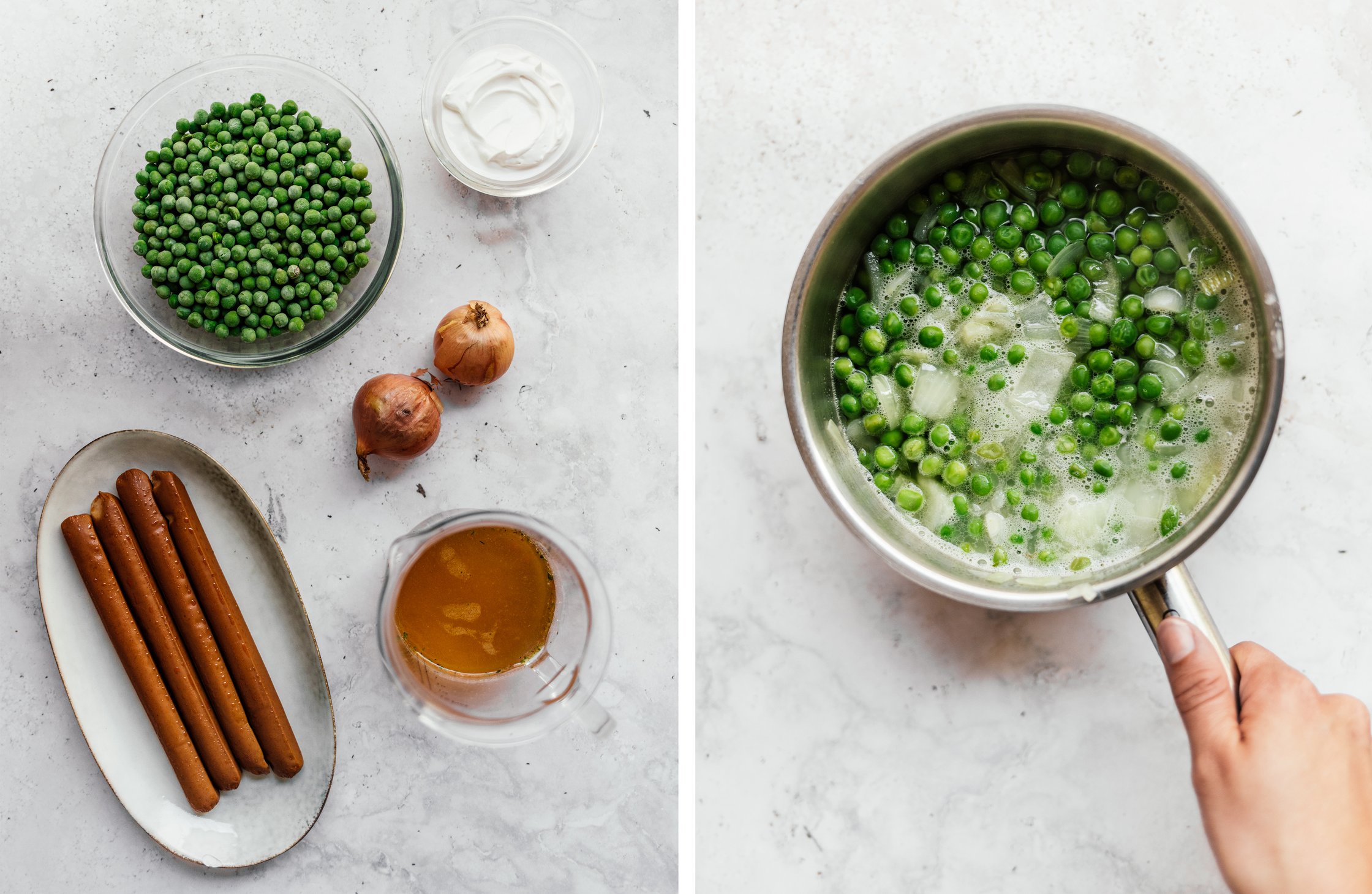 fünf Zutaten für vegane Erbsensuppe mit Würstchen; Topf mit Erbsen und Zwiebeln in Gemüsebrühe