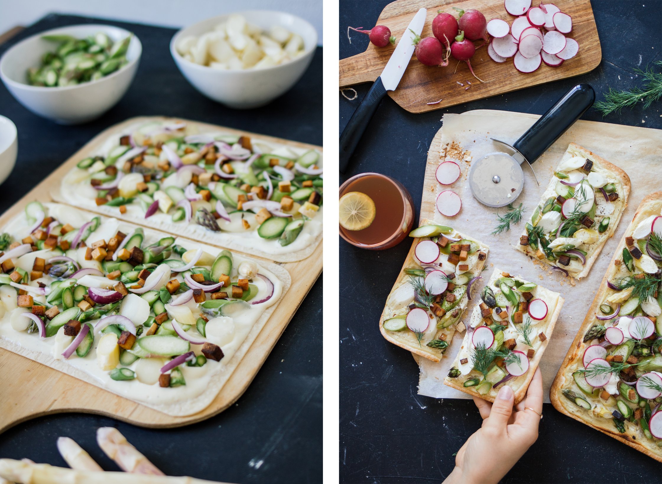 flammkuchen auf einem holzbrett