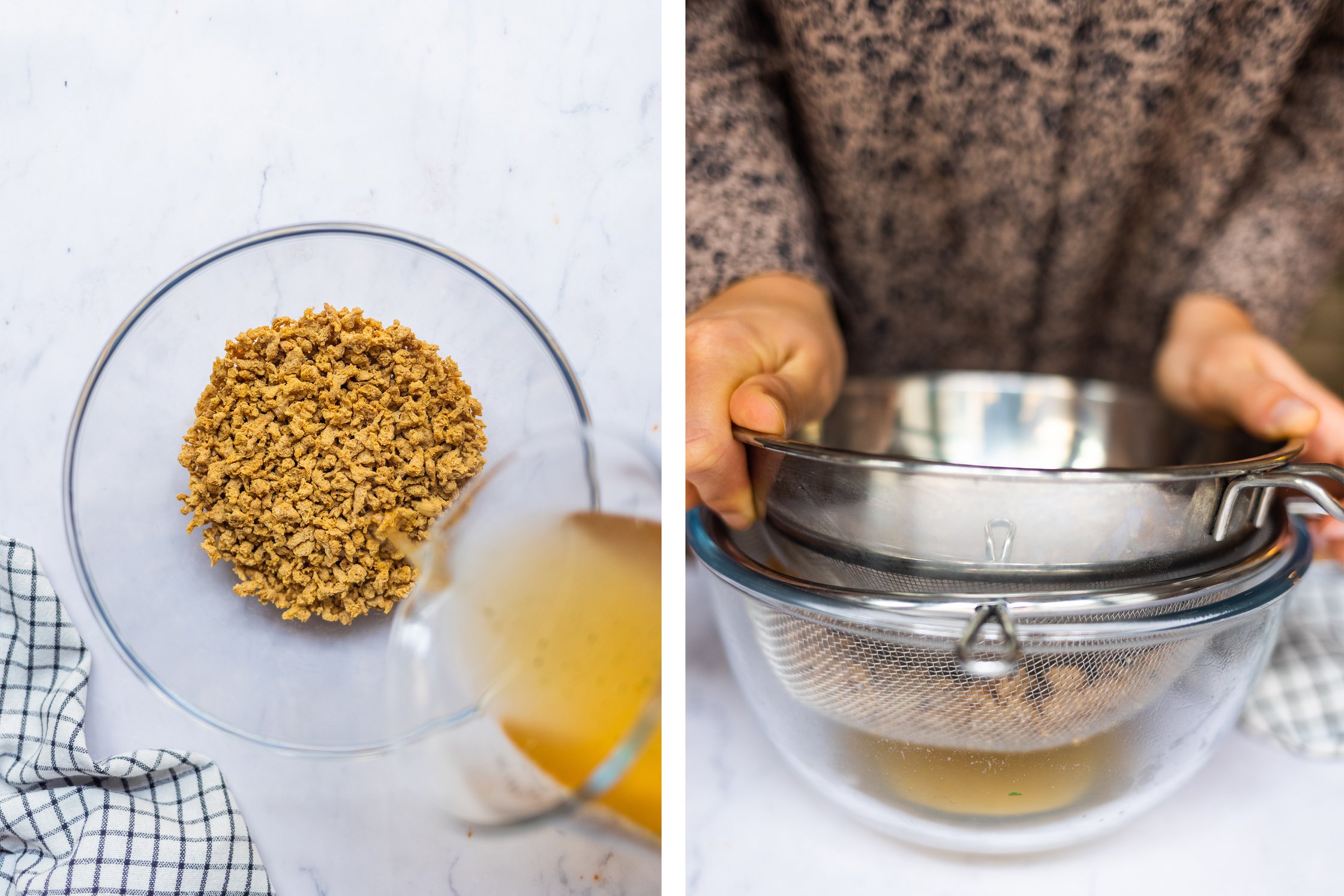 Vegetable broth is poured over soy granules in a bowl. Then the soy granules is squeezed out in a sieve