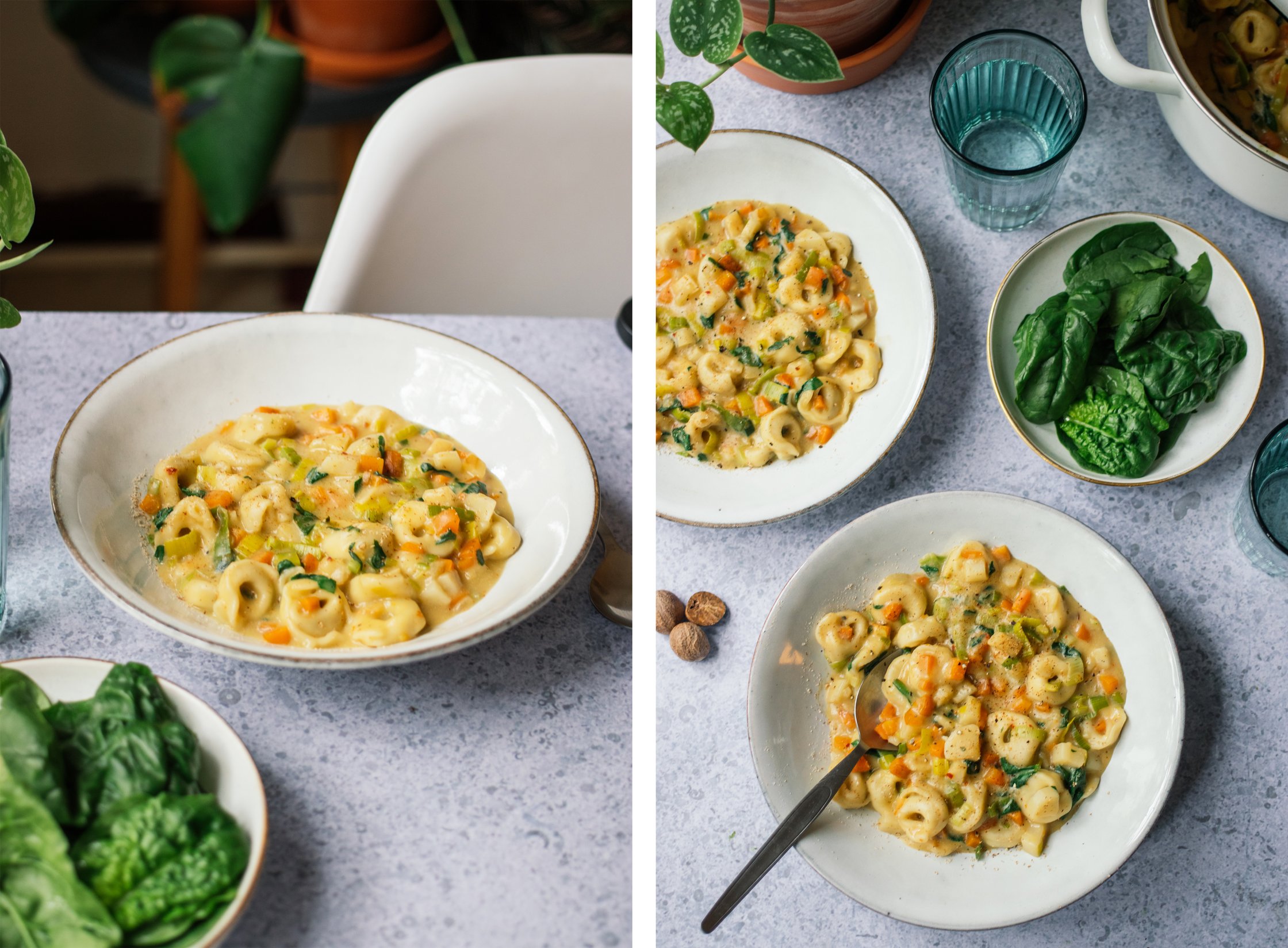zwei teller vegane tortellini suppe