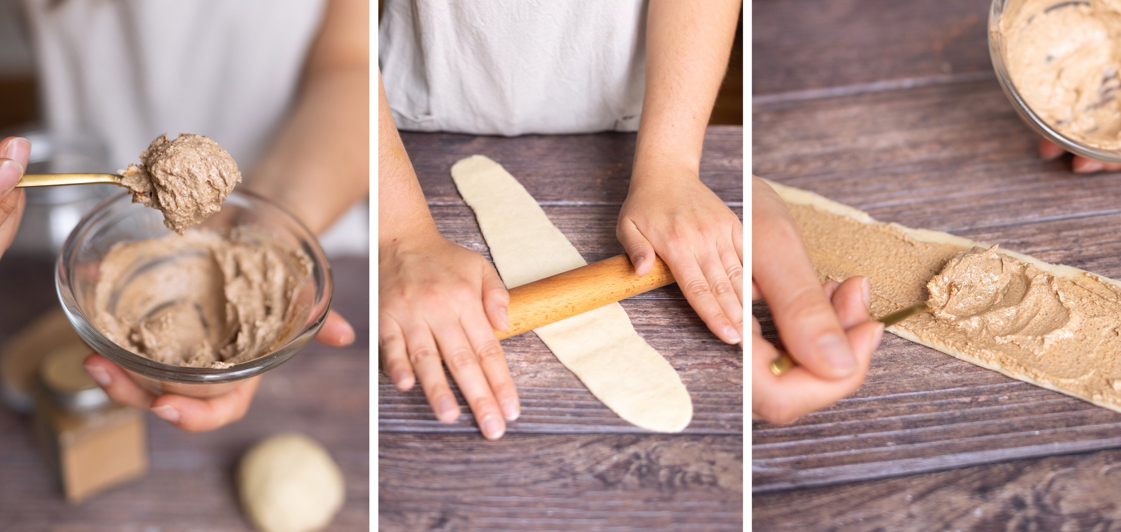 3 Bilder: Butter-Zimt-Mischung auf einem Löffel, Teig wird zu einem Streifen ausgerollt, Streifen wird bestrichen