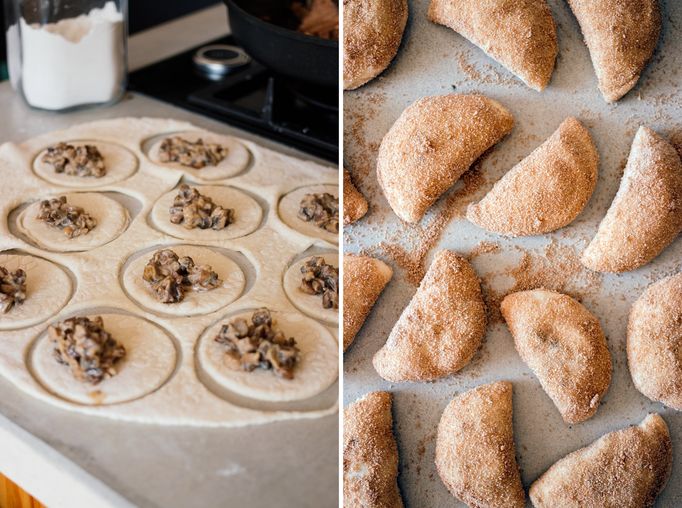 Vegane Champignon-Mozzarella-Plätzli füllen und vor dem frittieren